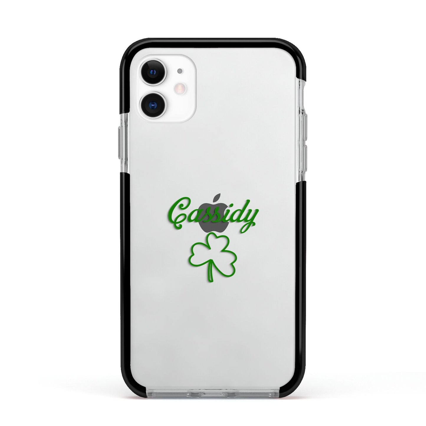 Personalised Name Shamrock Apple iPhone 11 in White with Black Impact Case