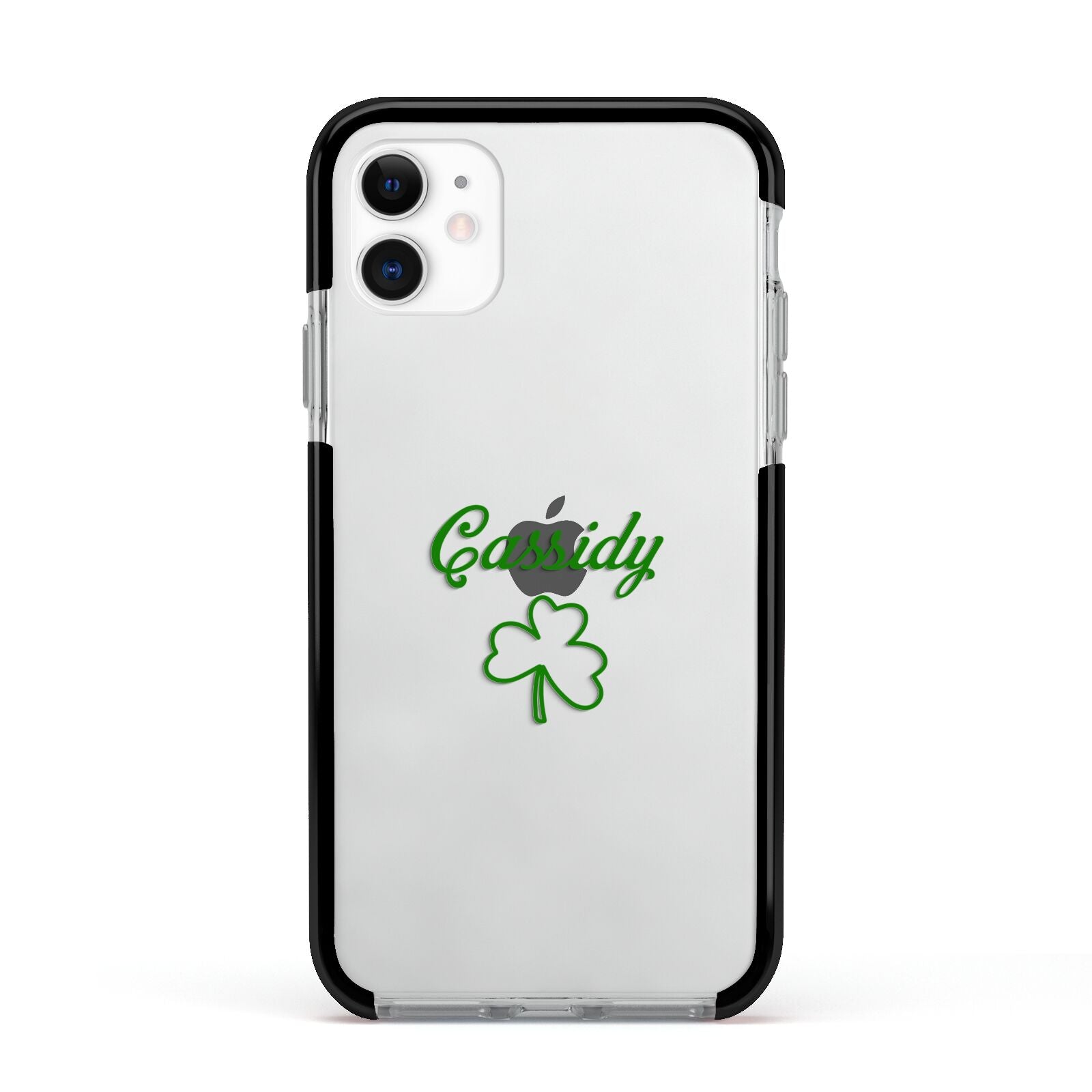 Personalised Name Shamrock Apple iPhone 11 in White with Black Impact Case