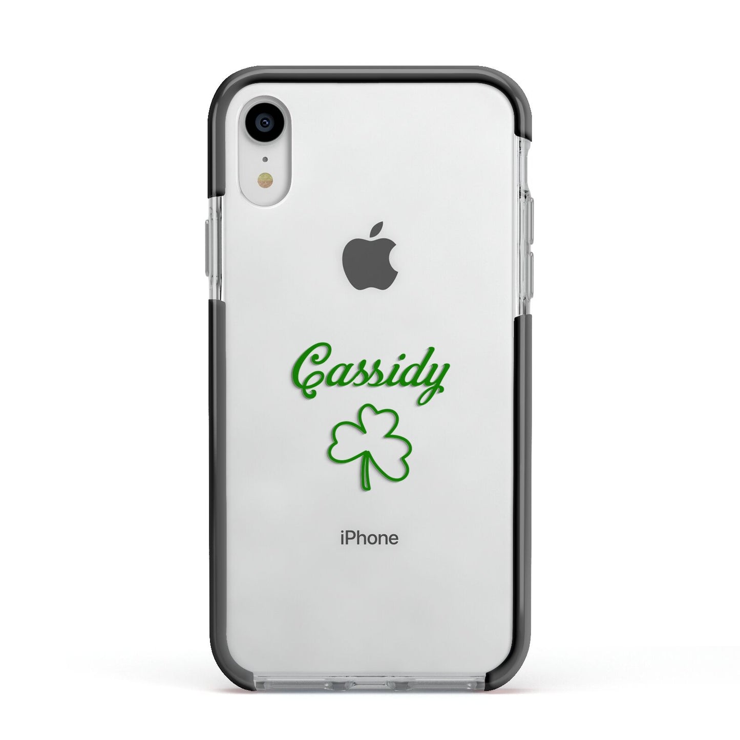 Personalised Name Shamrock Apple iPhone XR Impact Case Black Edge on Silver Phone