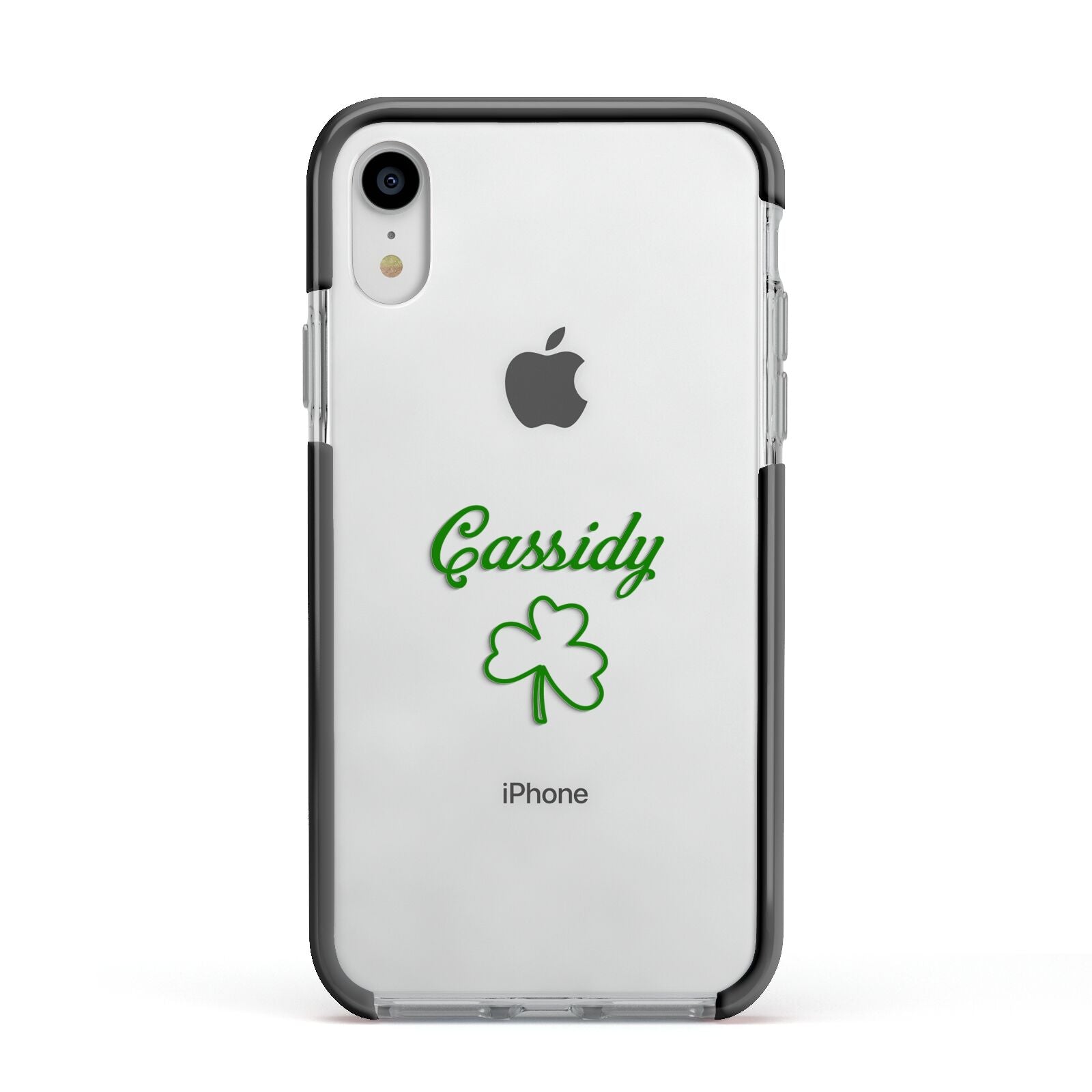 Personalised Name Shamrock Apple iPhone XR Impact Case Black Edge on Silver Phone