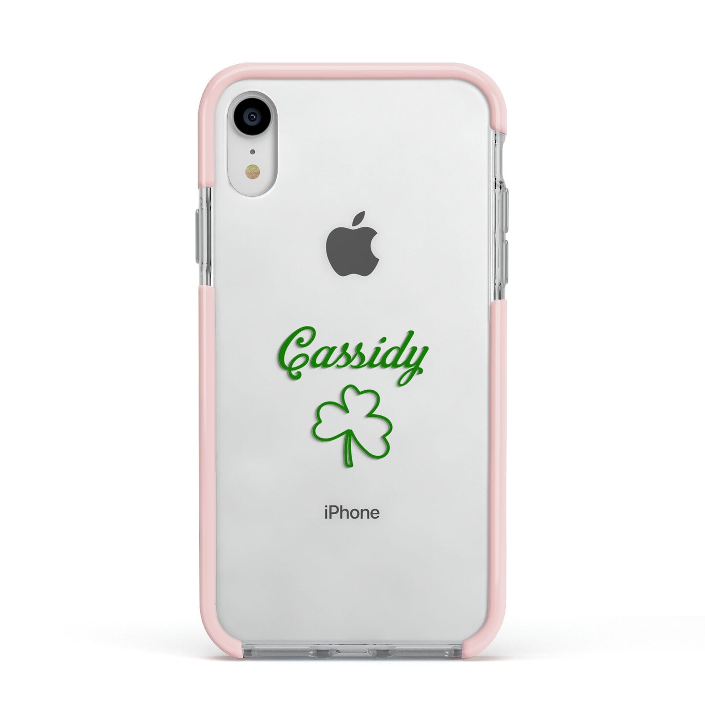 Personalised Name Shamrock Apple iPhone XR Impact Case Pink Edge on Silver Phone