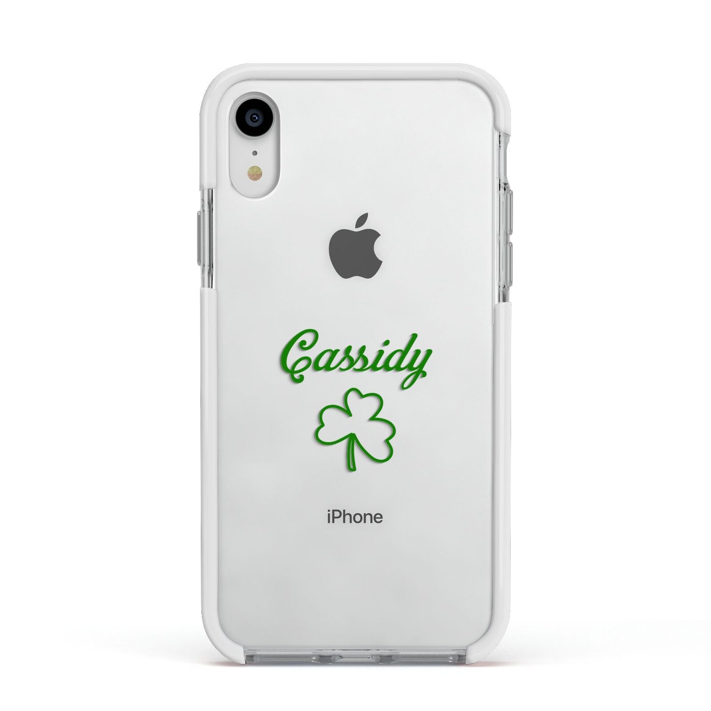 Personalised Name Shamrock Apple iPhone XR Impact Case White Edge on Silver Phone
