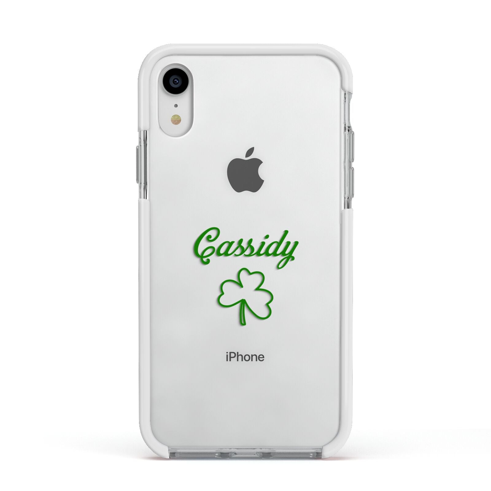 Personalised Name Shamrock Apple iPhone XR Impact Case White Edge on Silver Phone