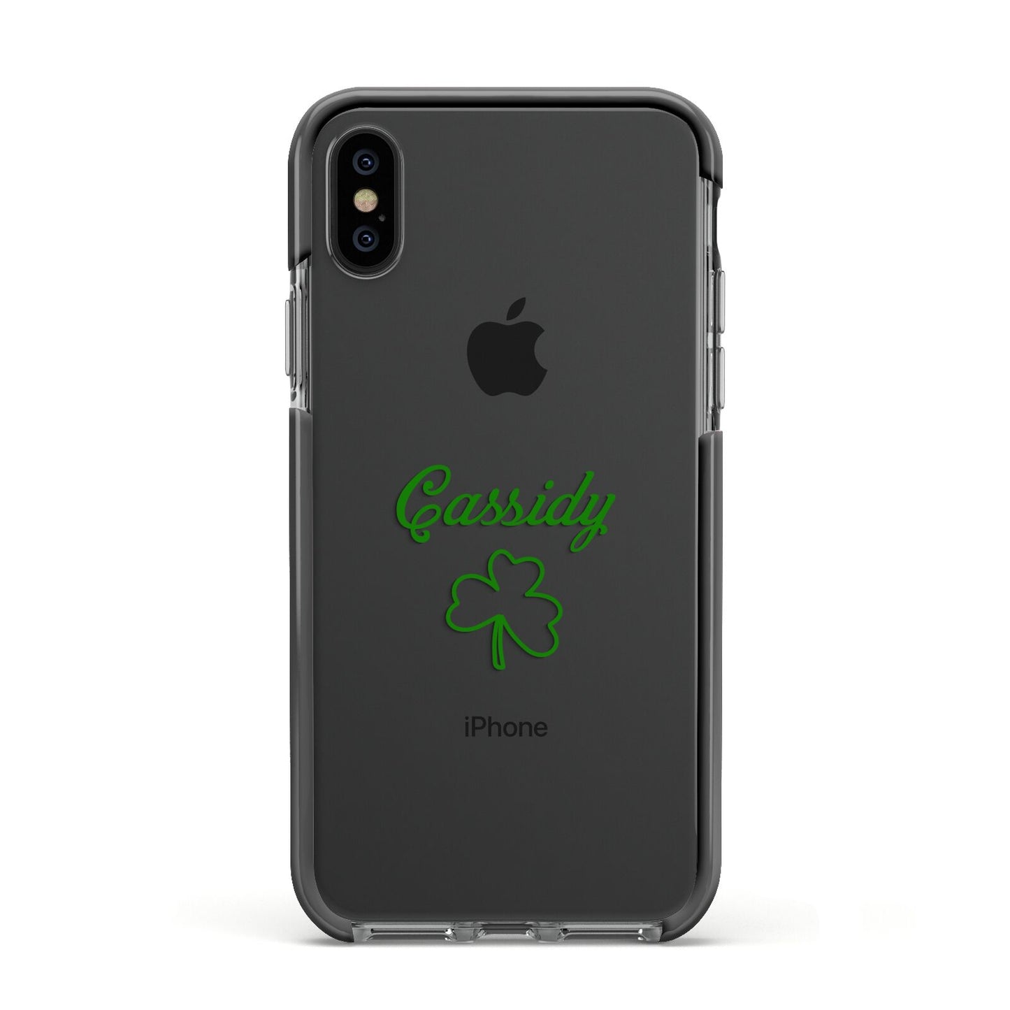 Personalised Name Shamrock Apple iPhone Xs Impact Case Black Edge on Black Phone