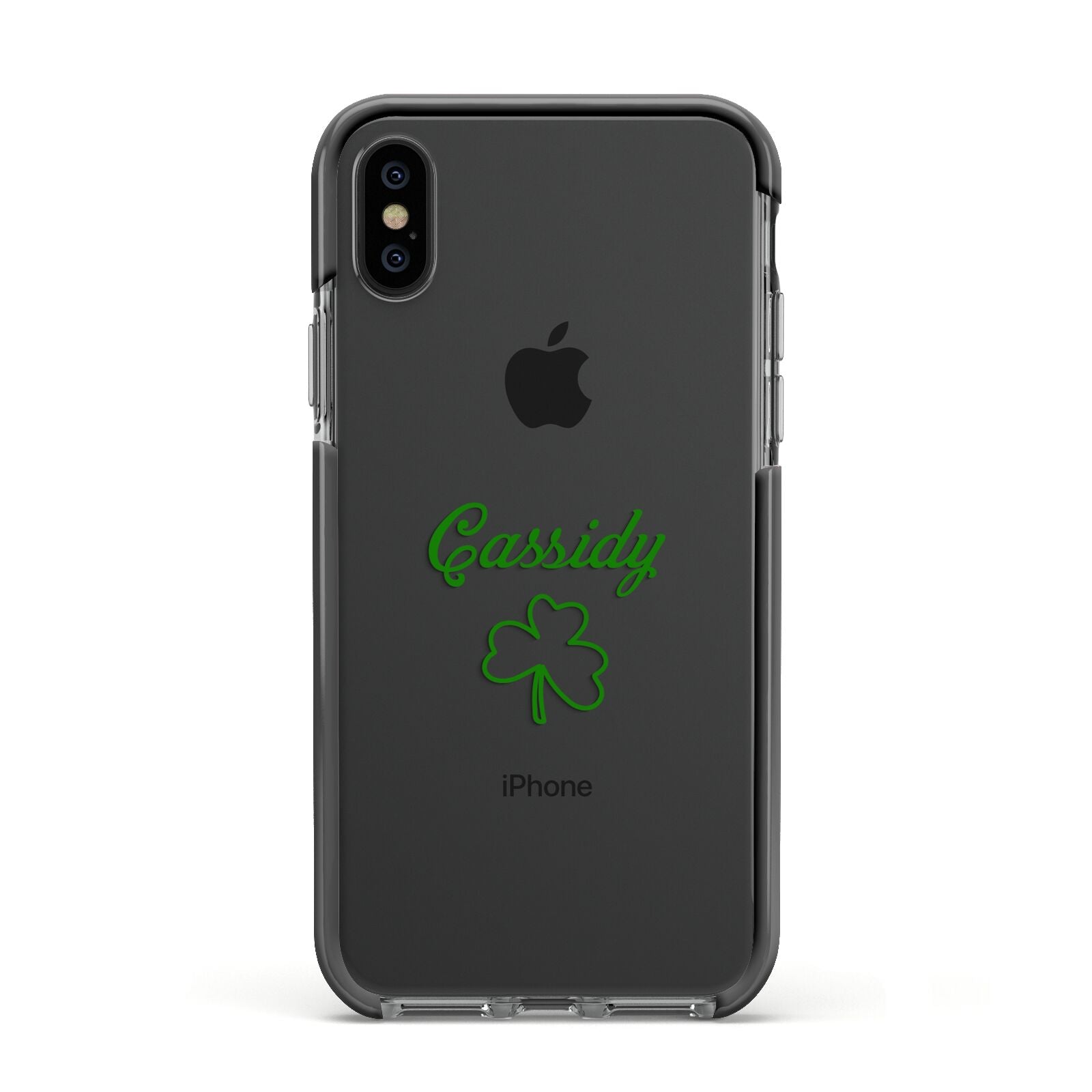 Personalised Name Shamrock Apple iPhone Xs Impact Case Black Edge on Black Phone