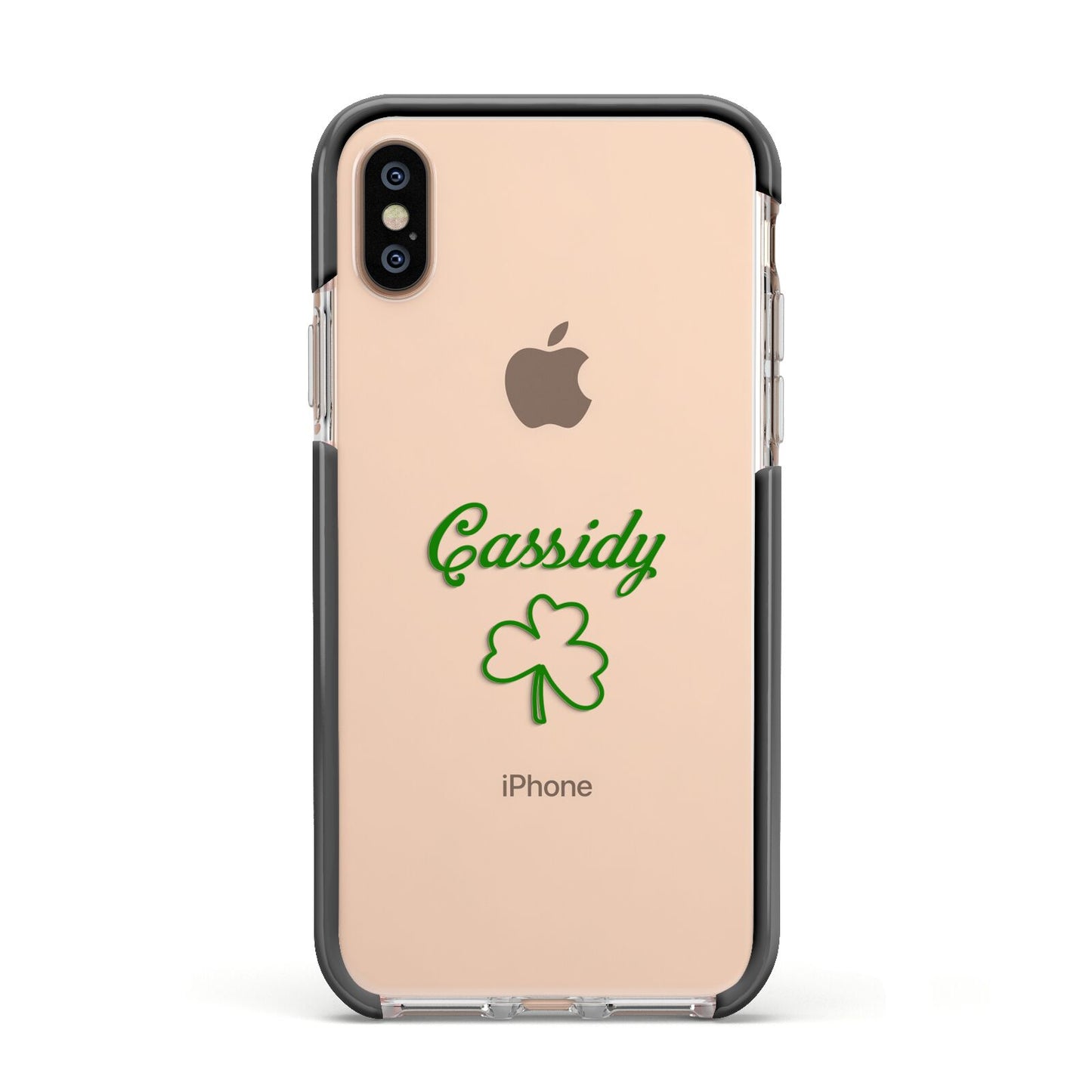Personalised Name Shamrock Apple iPhone Xs Impact Case Black Edge on Gold Phone