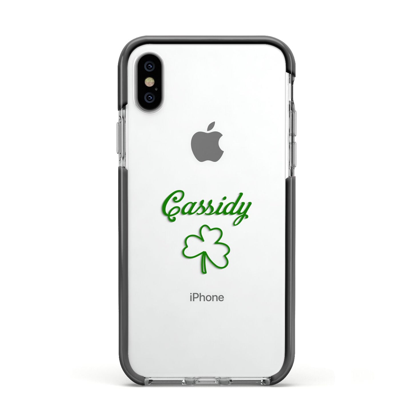 Personalised Name Shamrock Apple iPhone Xs Impact Case Black Edge on Silver Phone