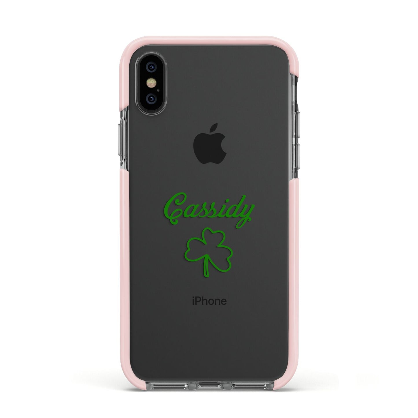 Personalised Name Shamrock Apple iPhone Xs Impact Case Pink Edge on Black Phone
