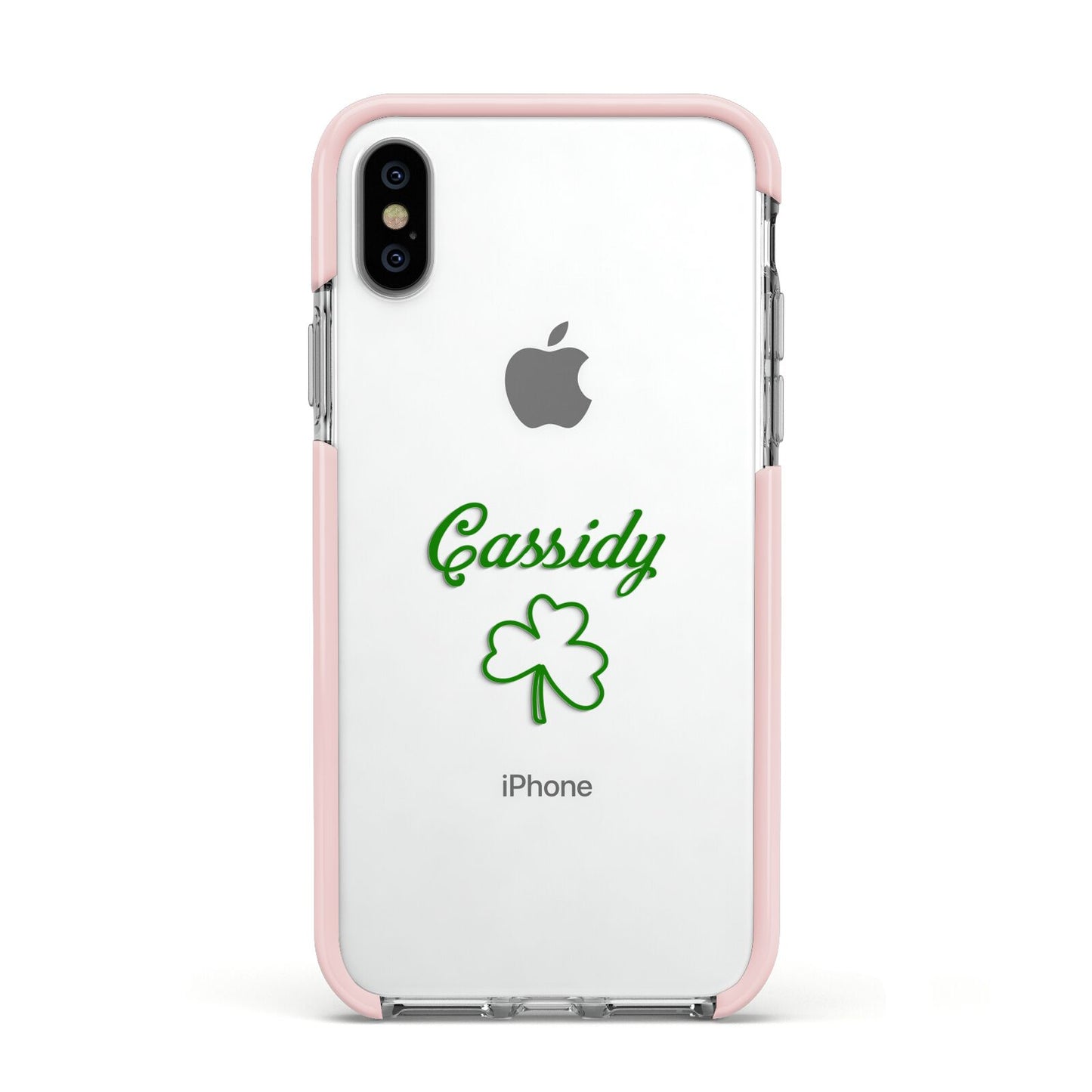 Personalised Name Shamrock Apple iPhone Xs Impact Case Pink Edge on Silver Phone