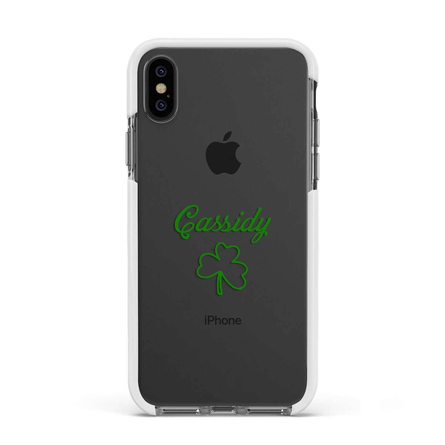 Personalised Name Shamrock Apple iPhone Xs Impact Case White Edge on Black Phone