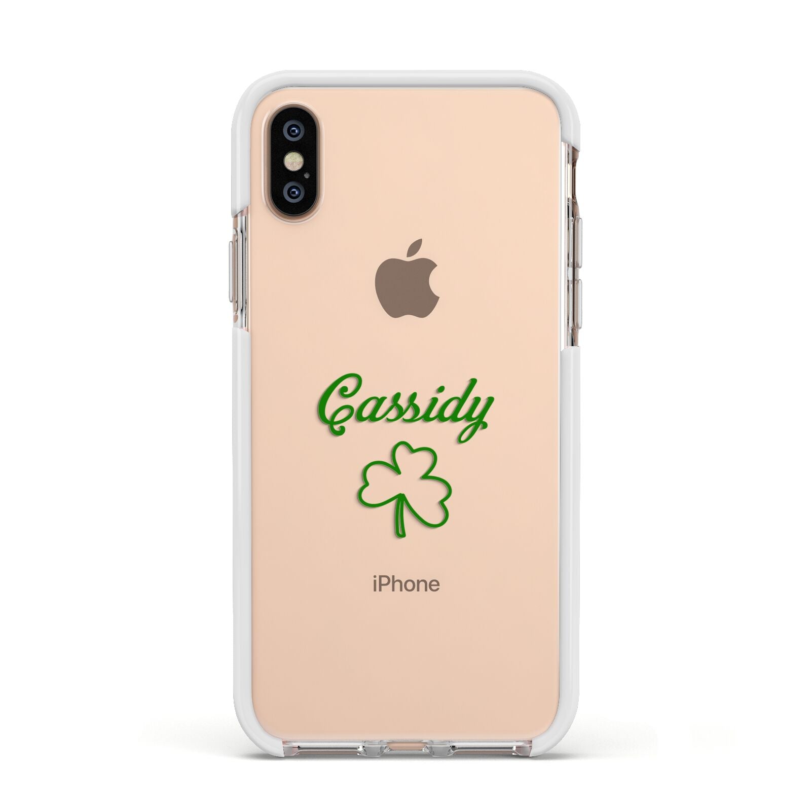 Personalised Name Shamrock Apple iPhone Xs Impact Case White Edge on Gold Phone