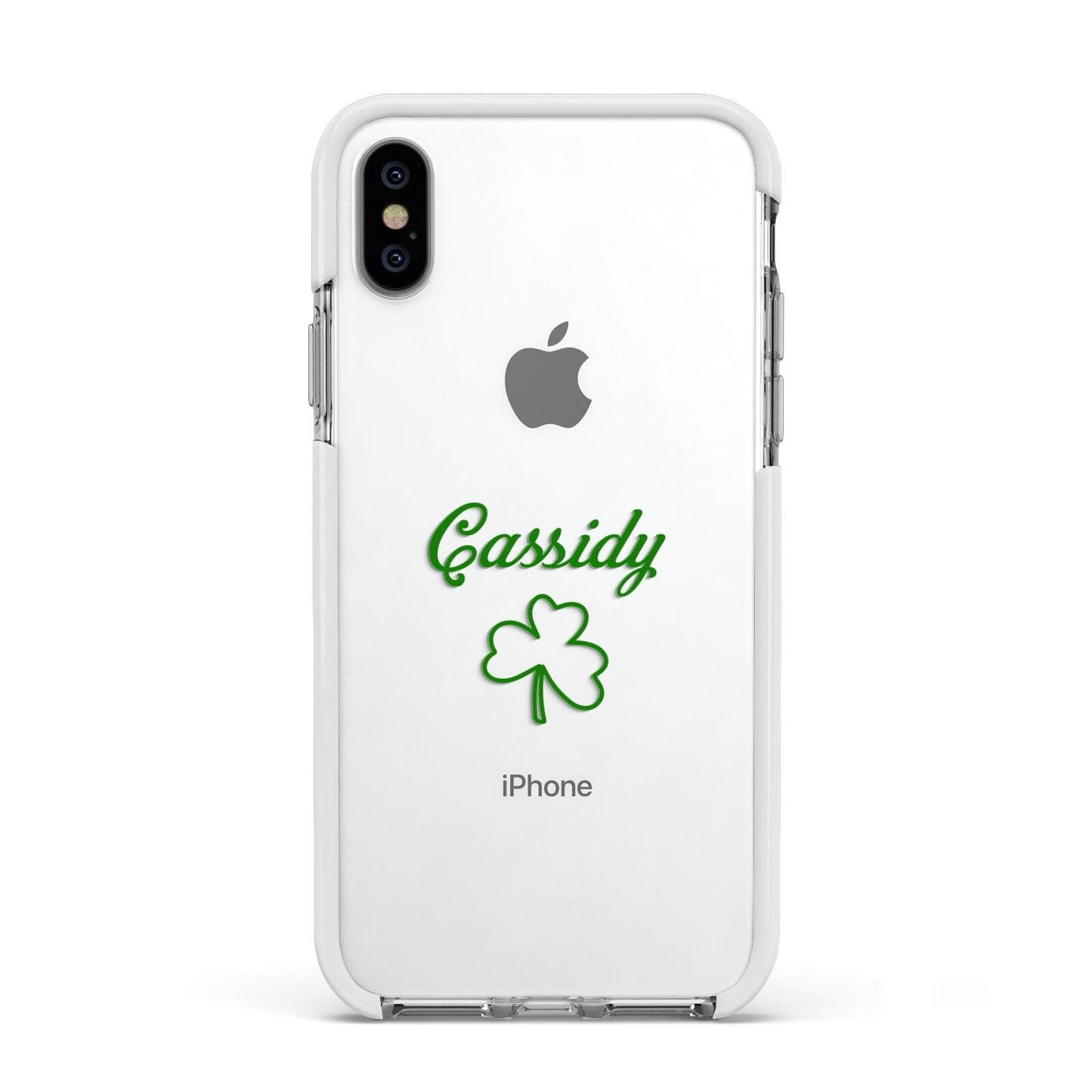 Personalised Name Shamrock Apple iPhone Xs Impact Case White Edge on Silver Phone