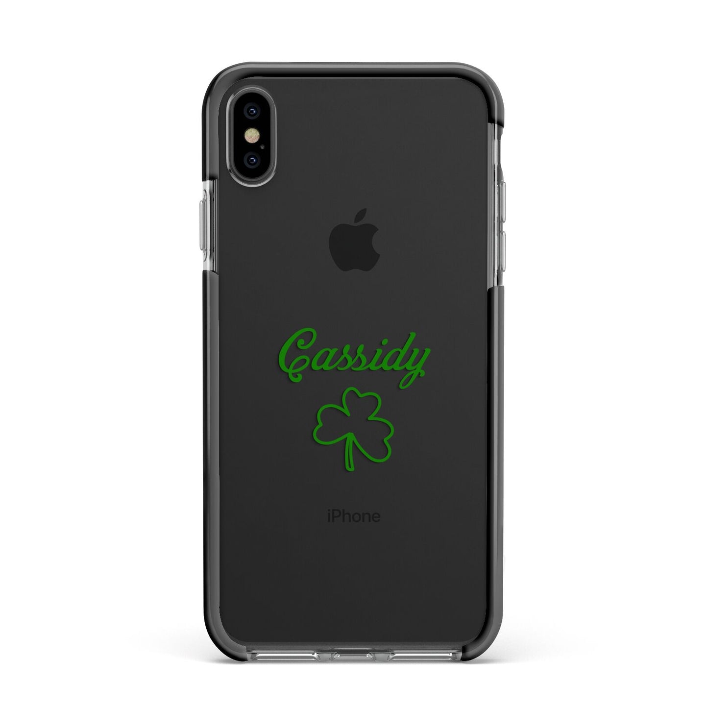 Personalised Name Shamrock Apple iPhone Xs Max Impact Case Black Edge on Black Phone