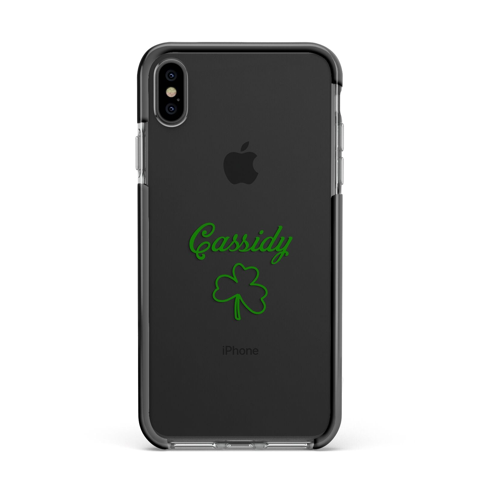 Personalised Name Shamrock Apple iPhone Xs Max Impact Case Black Edge on Black Phone