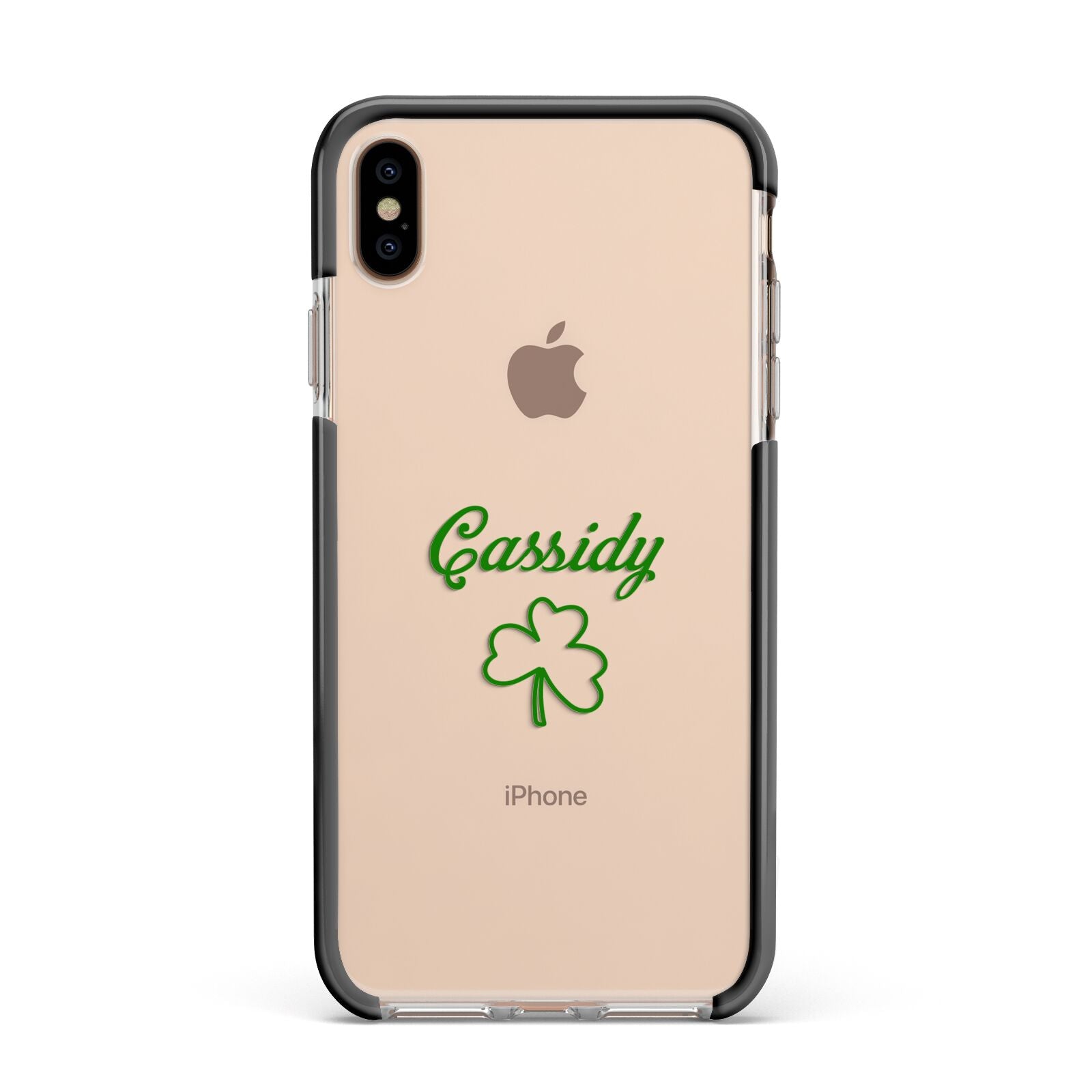 Personalised Name Shamrock Apple iPhone Xs Max Impact Case Black Edge on Gold Phone