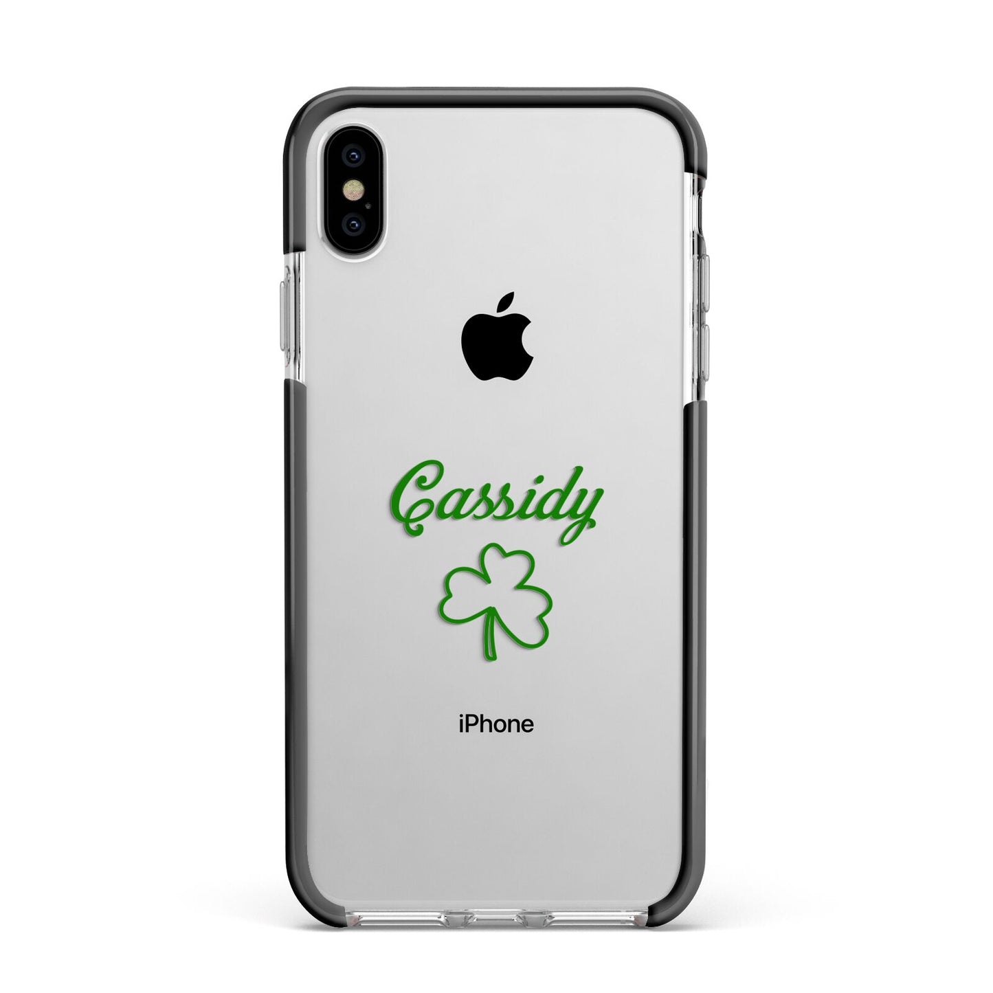 Personalised Name Shamrock Apple iPhone Xs Max Impact Case Black Edge on Silver Phone