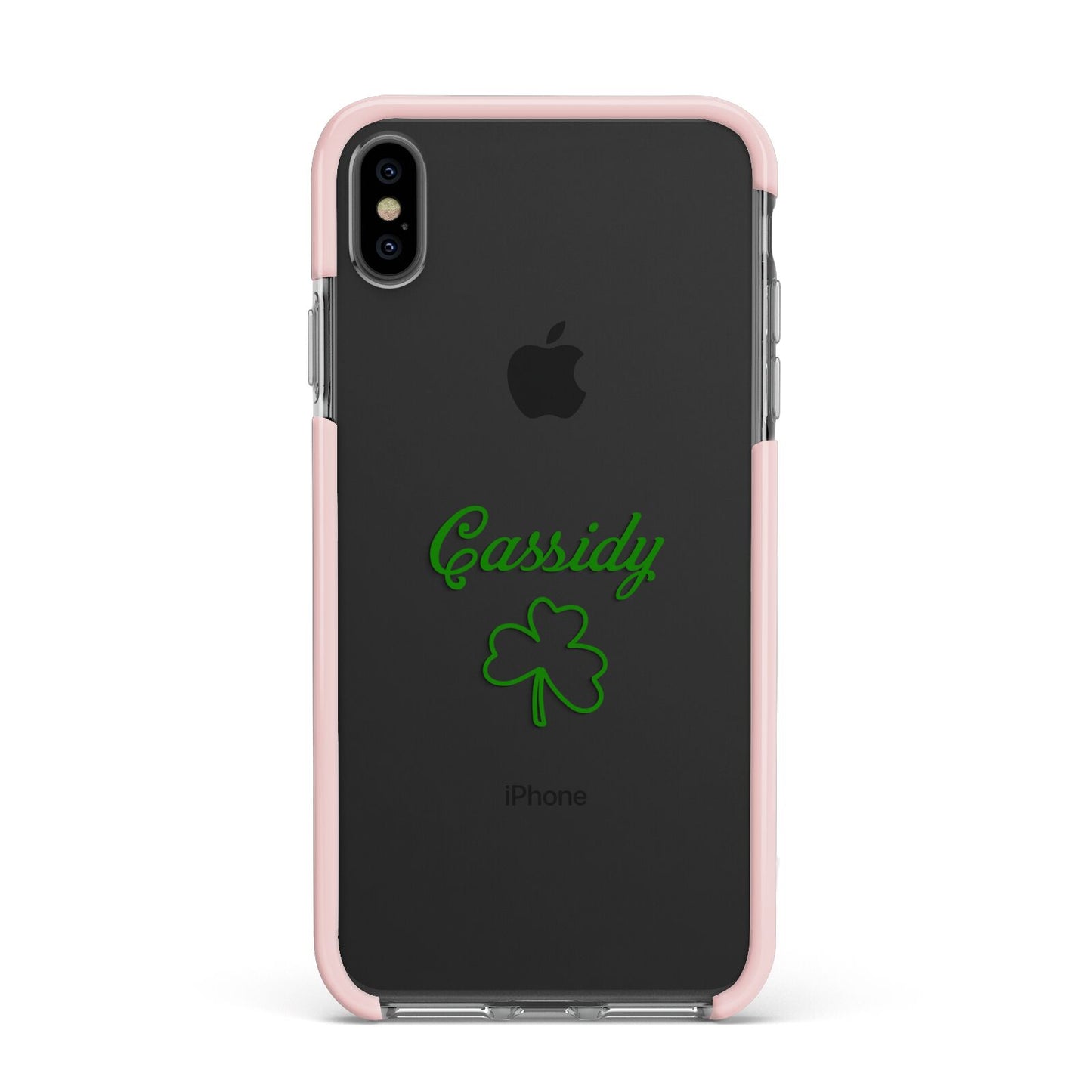 Personalised Name Shamrock Apple iPhone Xs Max Impact Case Pink Edge on Black Phone