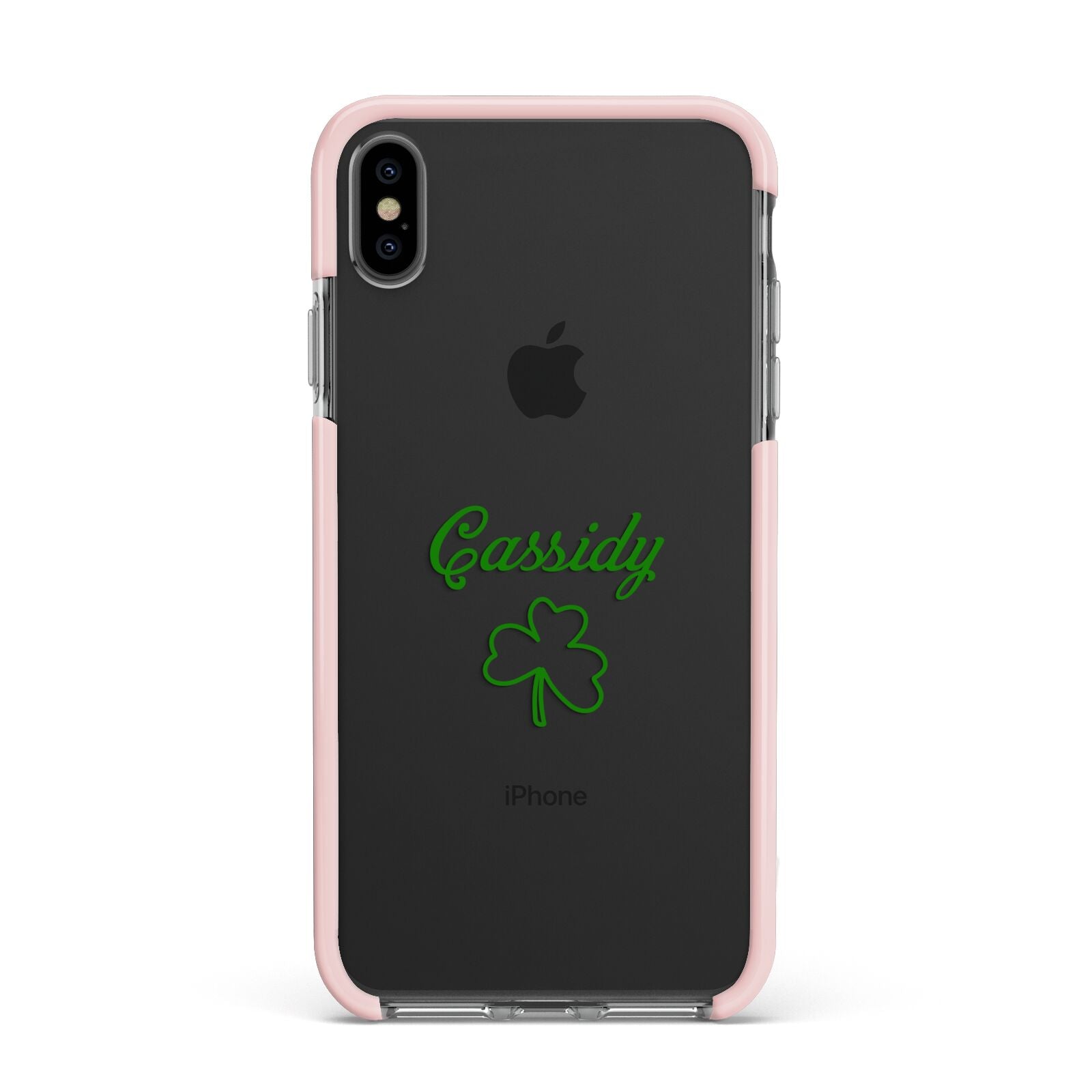 Personalised Name Shamrock Apple iPhone Xs Max Impact Case Pink Edge on Black Phone