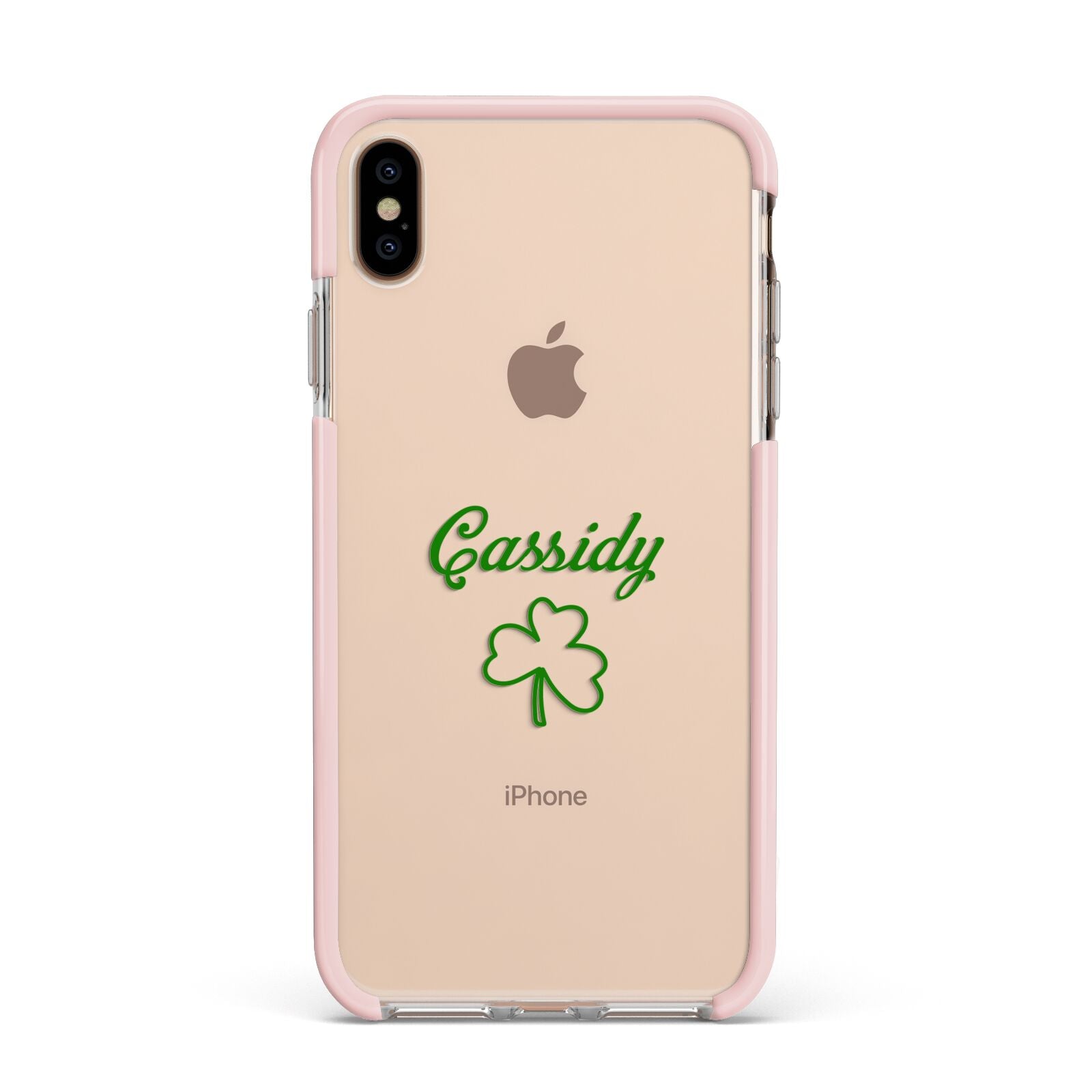Personalised Name Shamrock Apple iPhone Xs Max Impact Case Pink Edge on Gold Phone