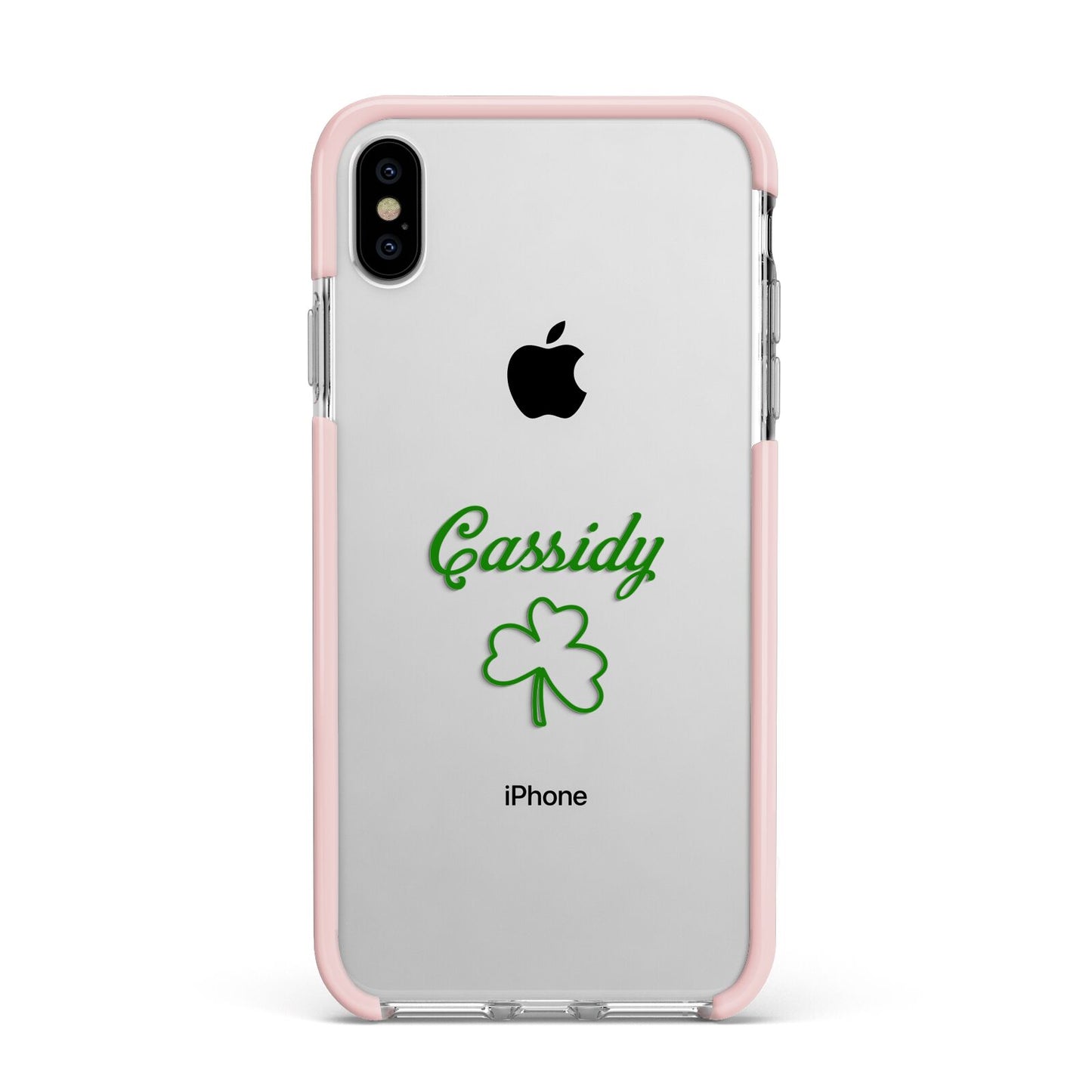 Personalised Name Shamrock Apple iPhone Xs Max Impact Case Pink Edge on Silver Phone