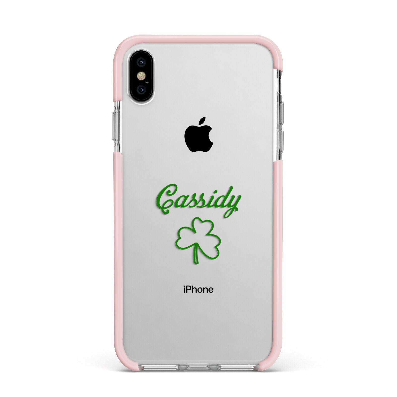 Personalised Name Shamrock Apple iPhone Xs Max Impact Case Pink Edge on Silver Phone