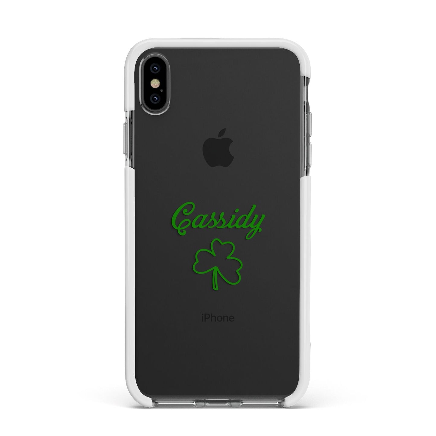 Personalised Name Shamrock Apple iPhone Xs Max Impact Case White Edge on Black Phone