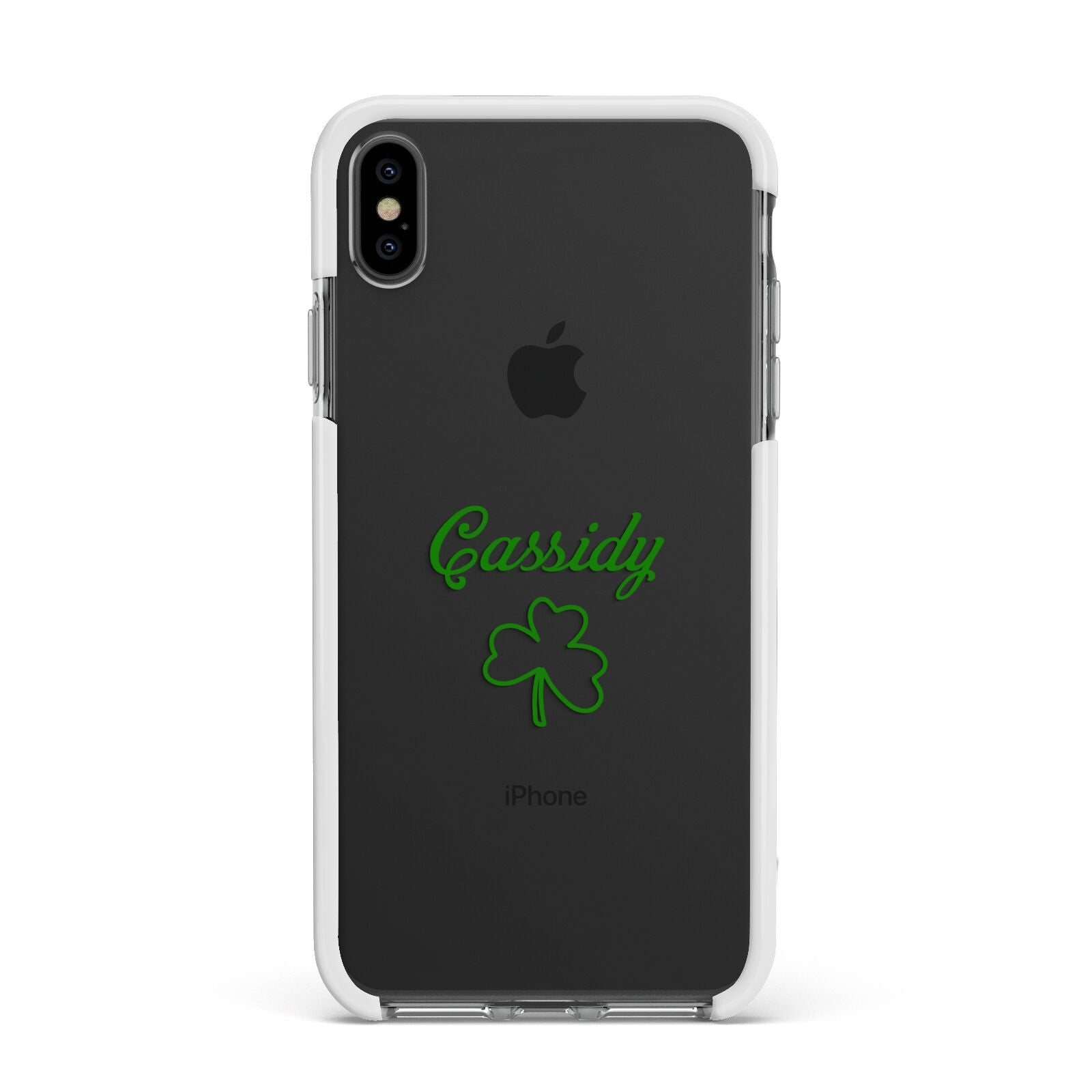 Personalised Name Shamrock Apple iPhone Xs Max Impact Case White Edge on Black Phone