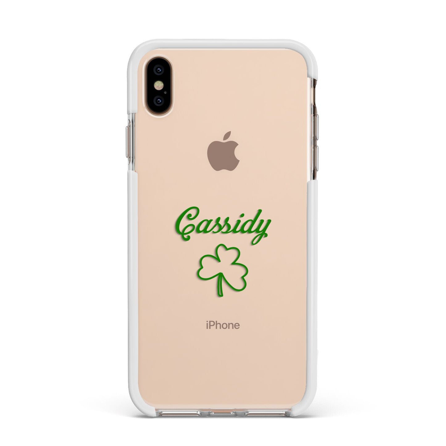 Personalised Name Shamrock Apple iPhone Xs Max Impact Case White Edge on Gold Phone