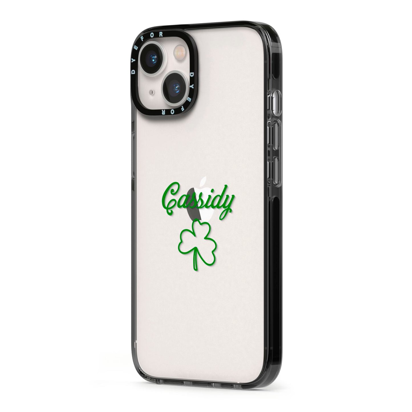 Personalised Name Shamrock iPhone 13 Black Impact Case Side Angle on Silver phone