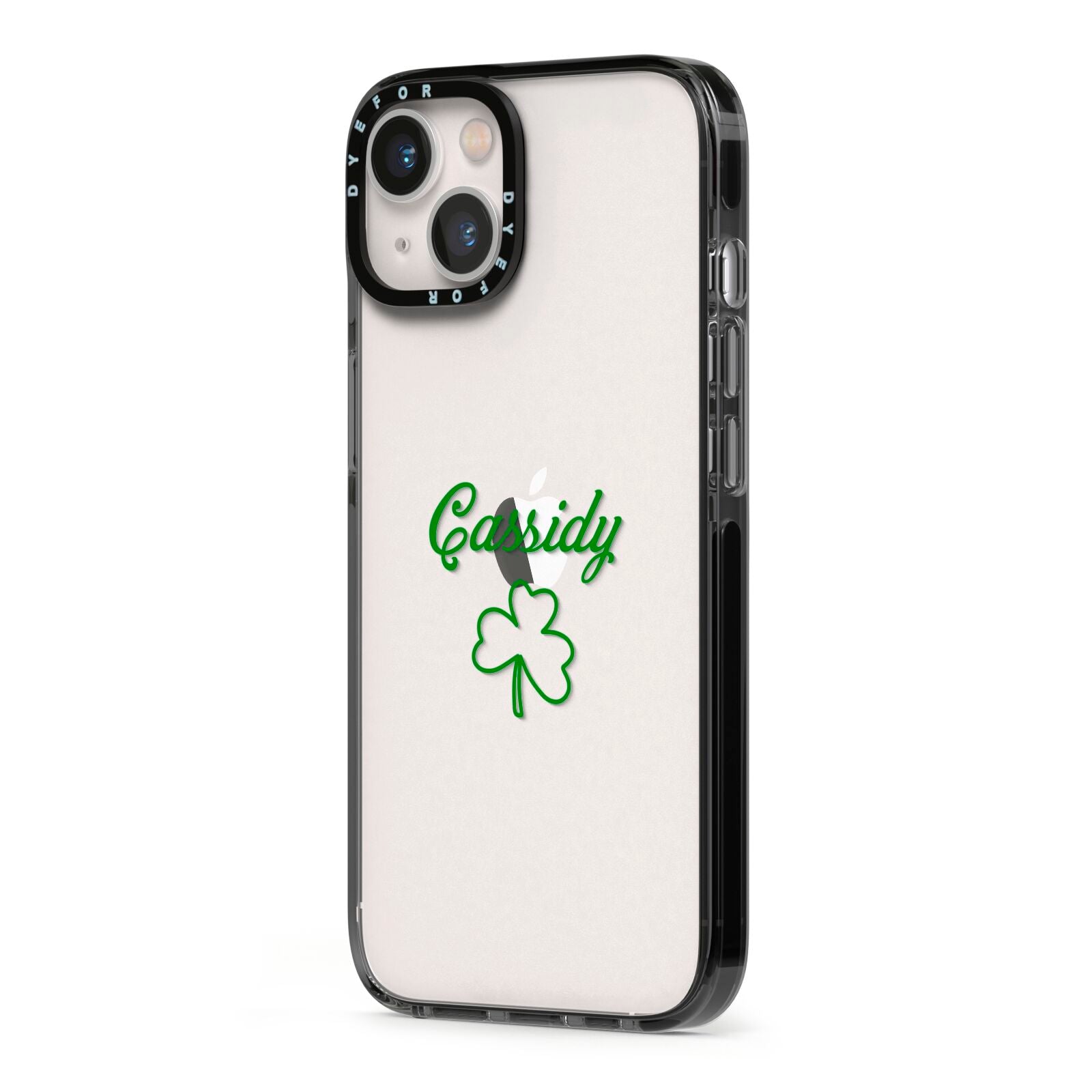 Personalised Name Shamrock iPhone 13 Black Impact Case Side Angle on Silver phone