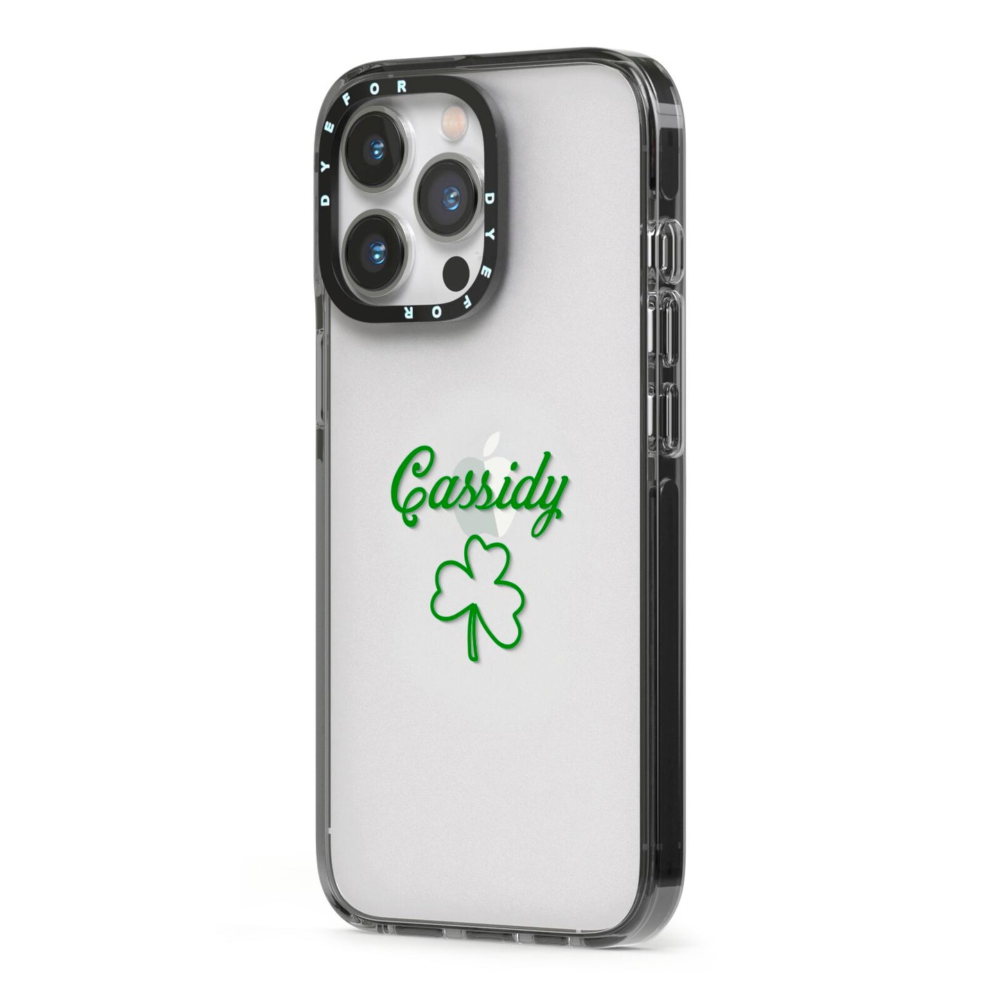 Personalised Name Shamrock iPhone 13 Pro Black Impact Case Side Angle on Silver phone