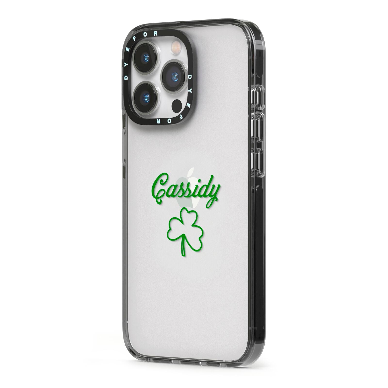 Personalised Name Shamrock iPhone 13 Pro Black Impact Case Side Angle on Silver phone