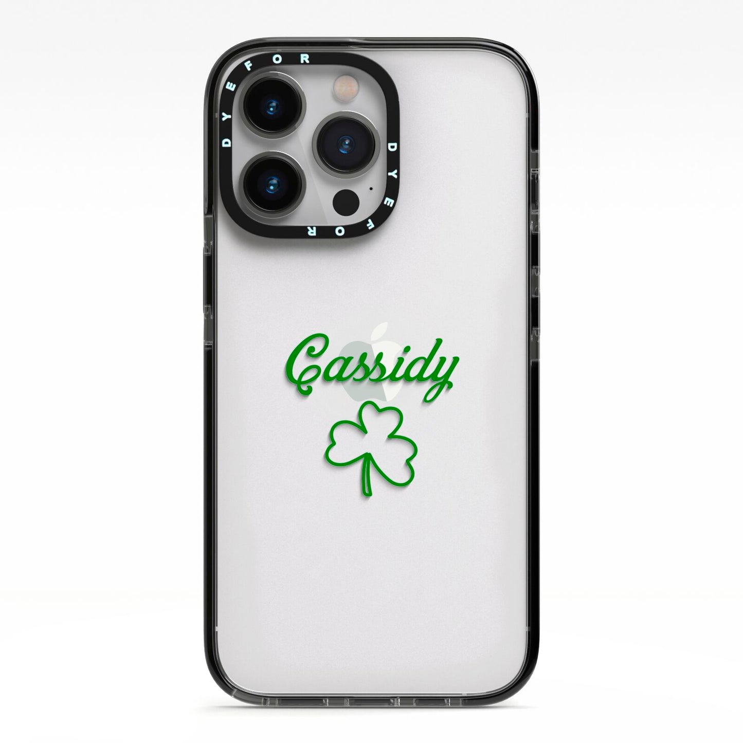 Personalised Name Shamrock iPhone 13 Pro Black Impact Case on Silver phone