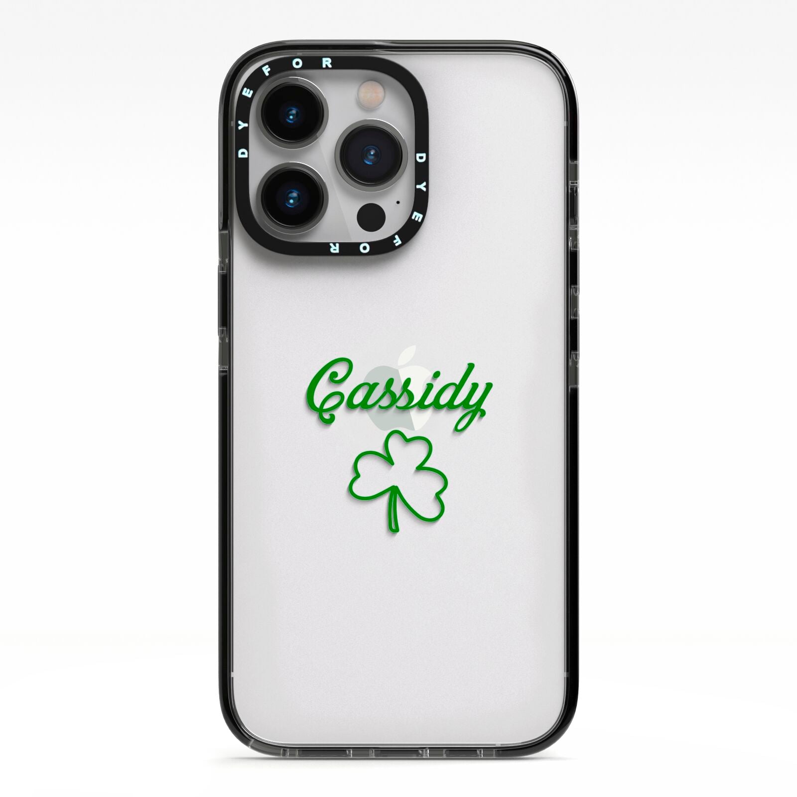 Personalised Name Shamrock iPhone 13 Pro Black Impact Case on Silver phone