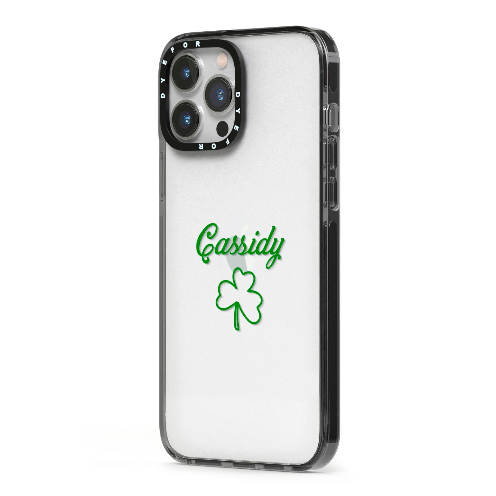 Personalised Name Shamrock iPhone 13 Pro Max Black Impact Case Side Angle on Silver phone