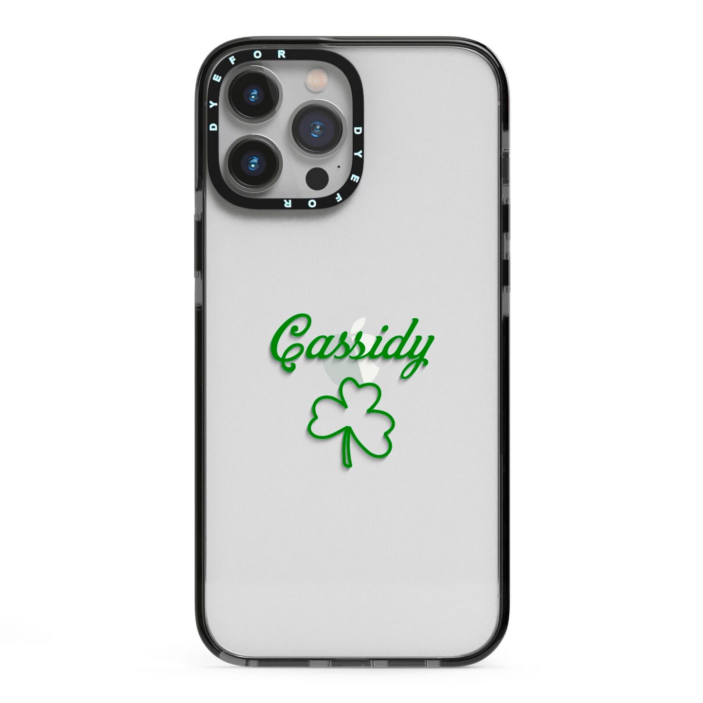Personalised Name Shamrock iPhone 13 Pro Max Black Impact Case on Silver phone