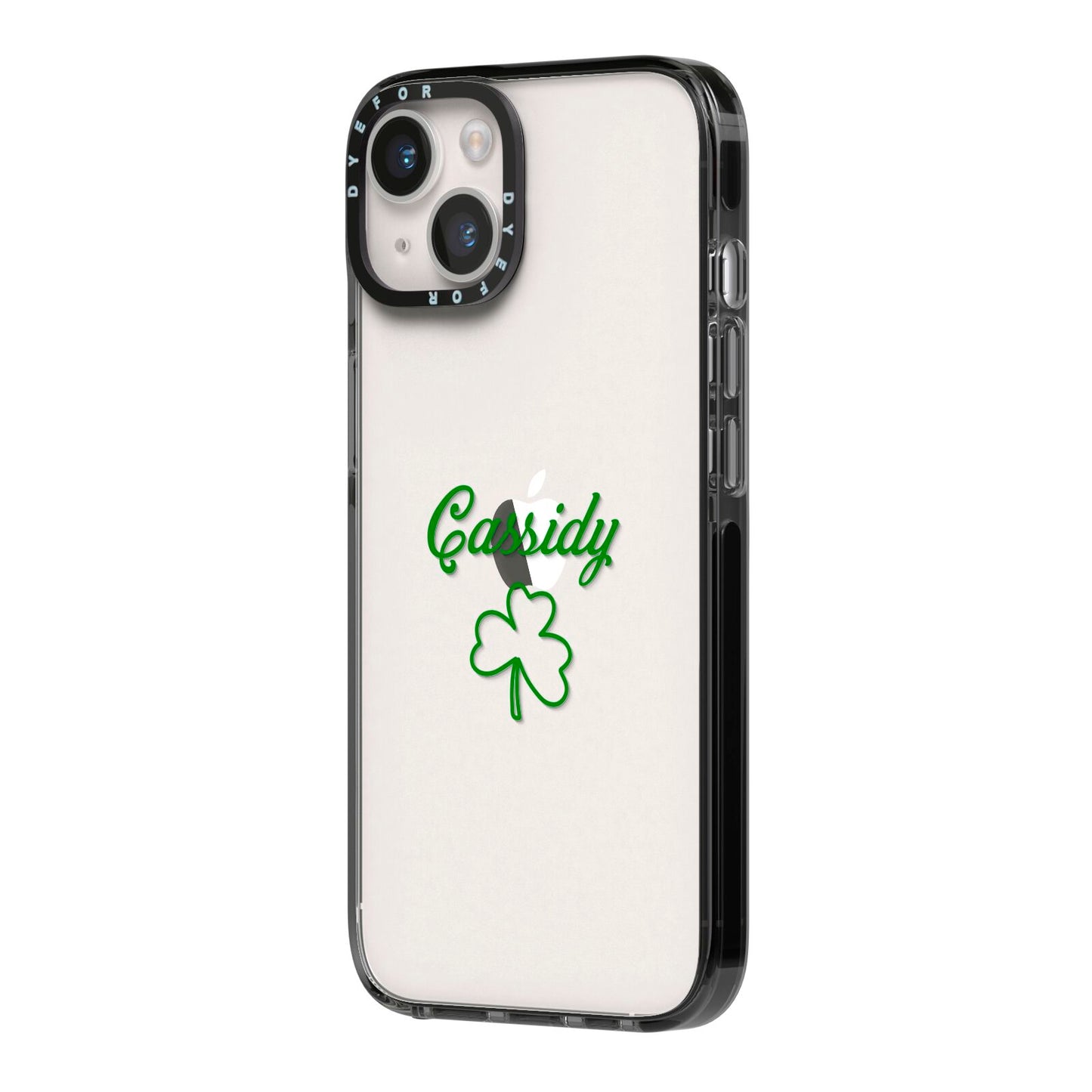 Personalised Name Shamrock iPhone 14 Black Impact Case Side Angle on Silver phone