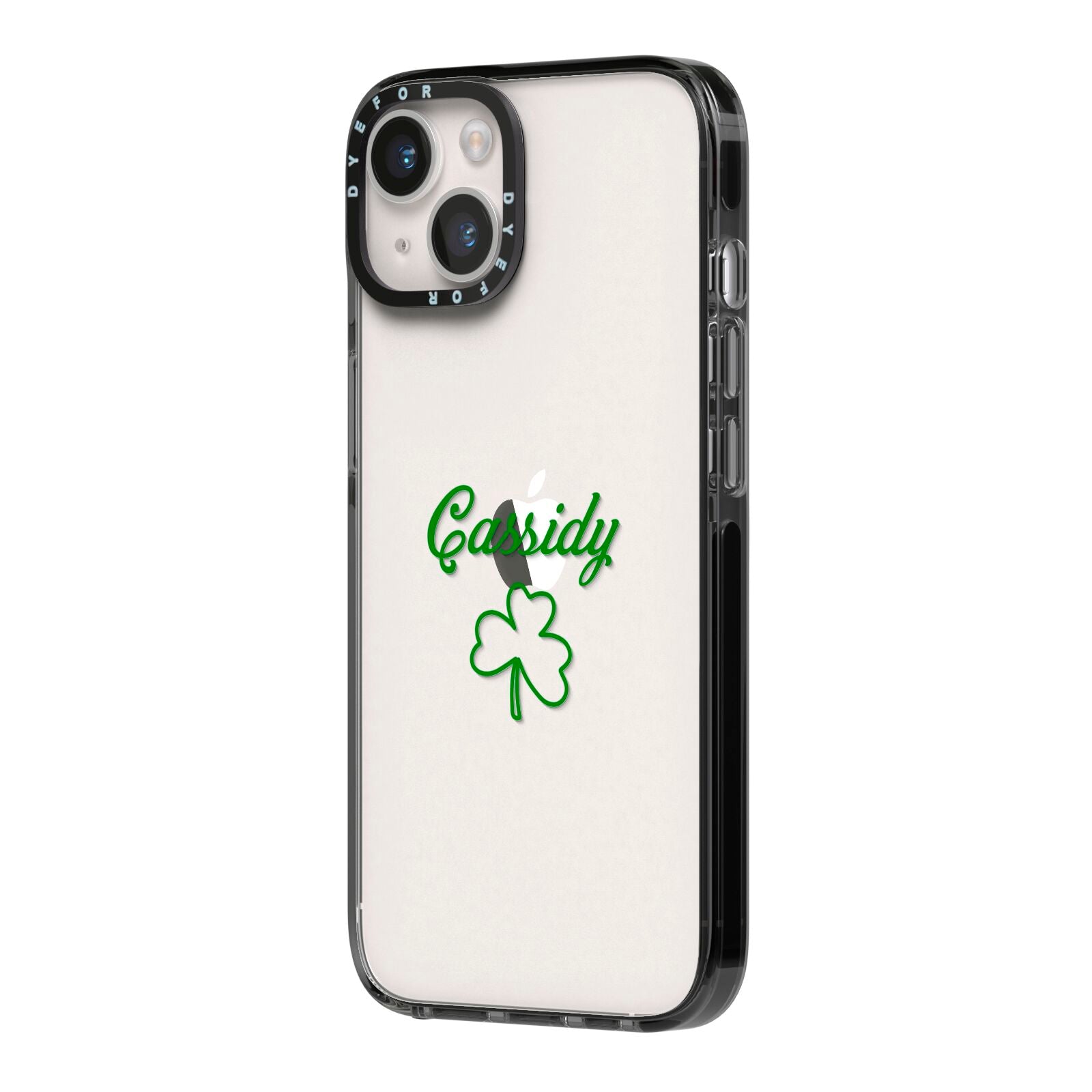 Personalised Name Shamrock iPhone 14 Black Impact Case Side Angle on Silver phone