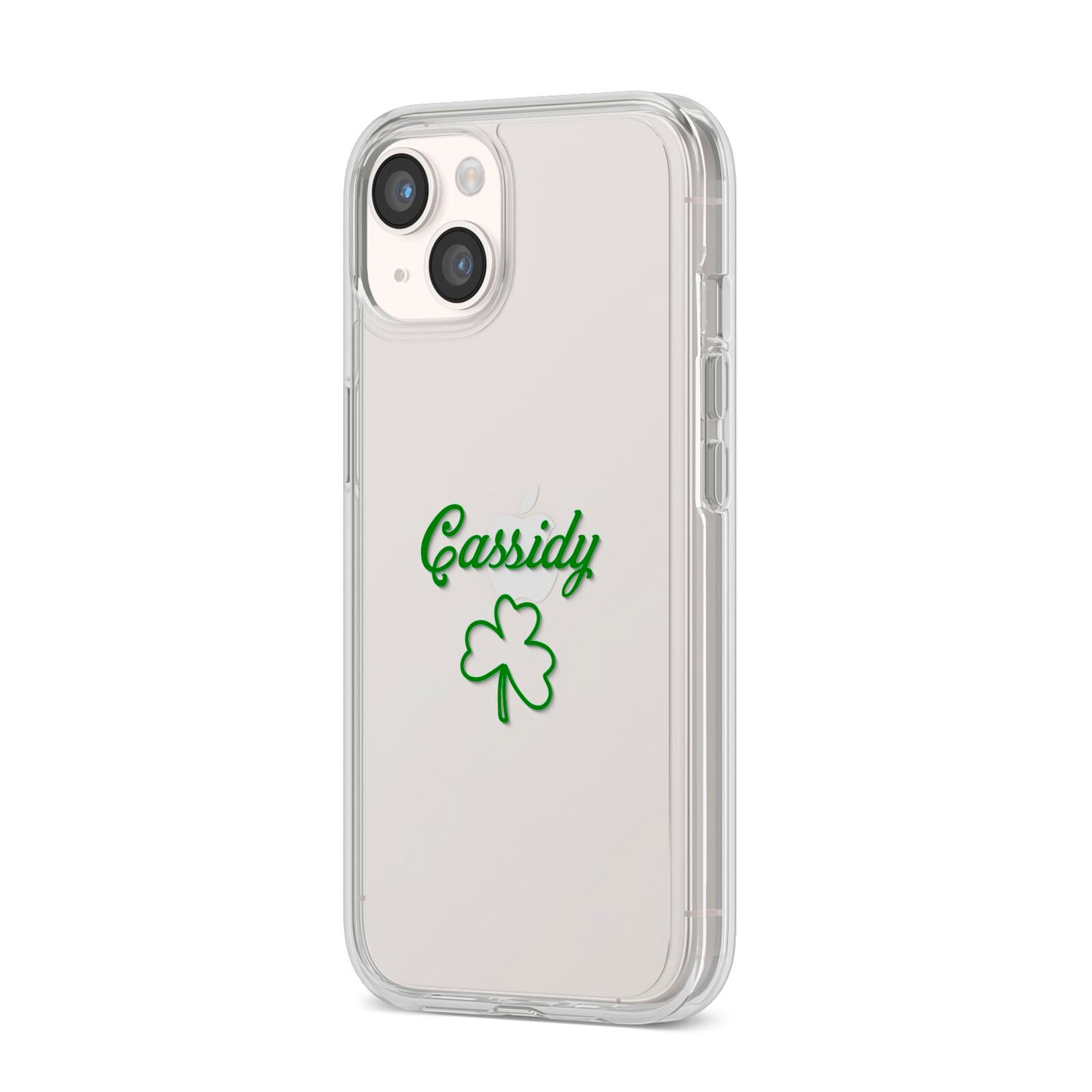 Personalised Name Shamrock iPhone 14 Clear Tough Case Starlight Angled Image
