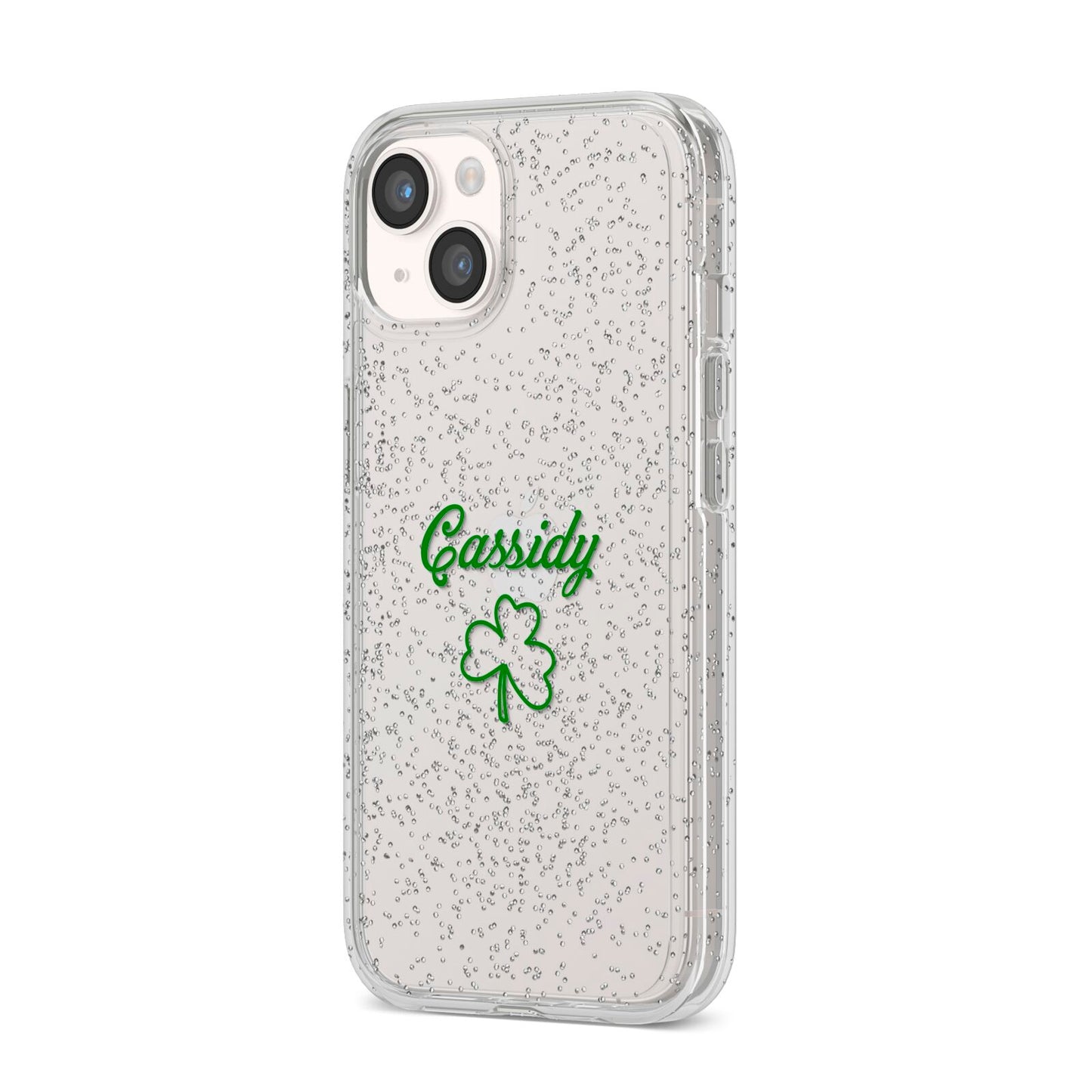 Personalised Name Shamrock iPhone 14 Glitter Tough Case Starlight Angled Image