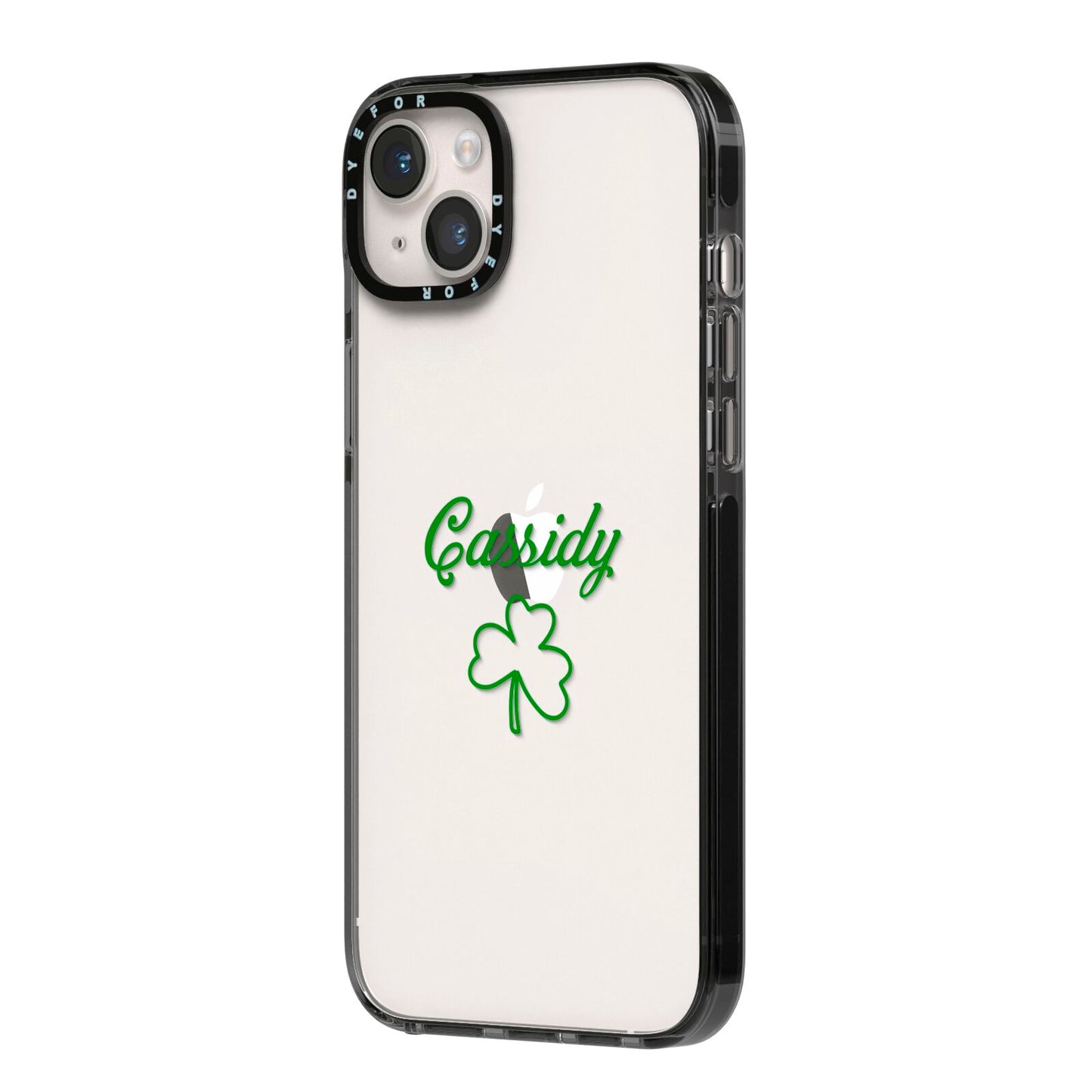 Personalised Name Shamrock iPhone 14 Plus Black Impact Case Side Angle on Silver phone