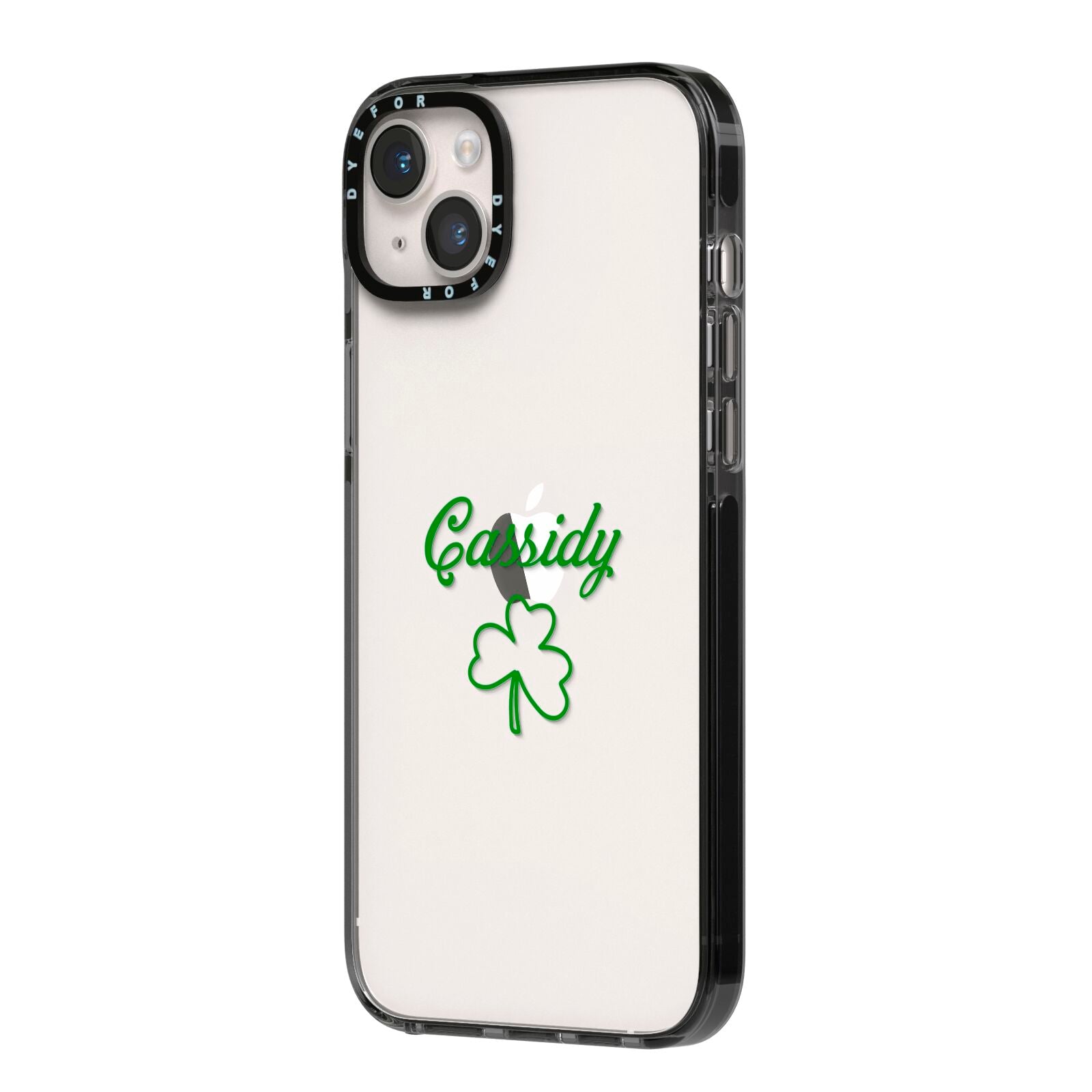Personalised Name Shamrock iPhone 14 Plus Black Impact Case Side Angle on Silver phone