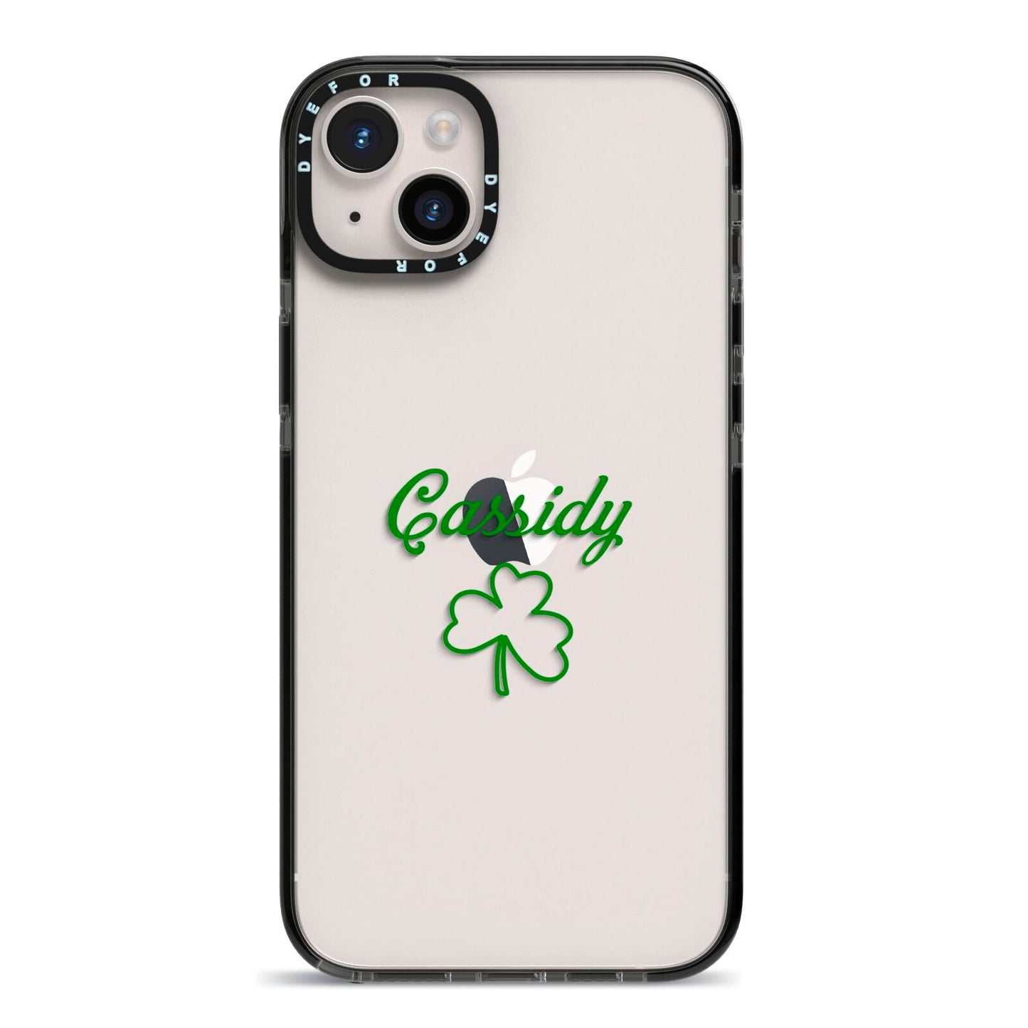 Personalised Name Shamrock iPhone 14 Plus Black Impact Case on Silver phone
