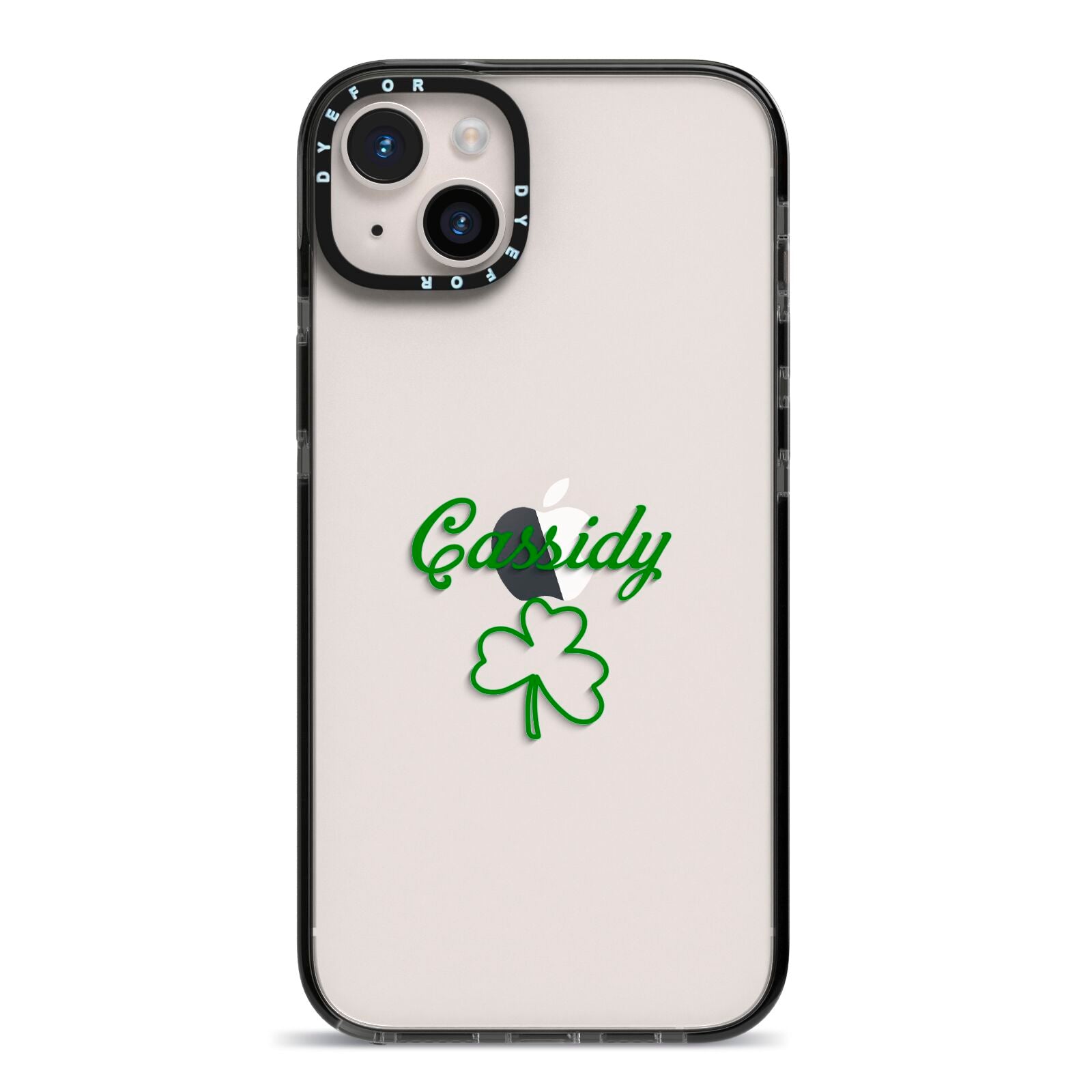 Personalised Name Shamrock iPhone 14 Plus Black Impact Case on Silver phone