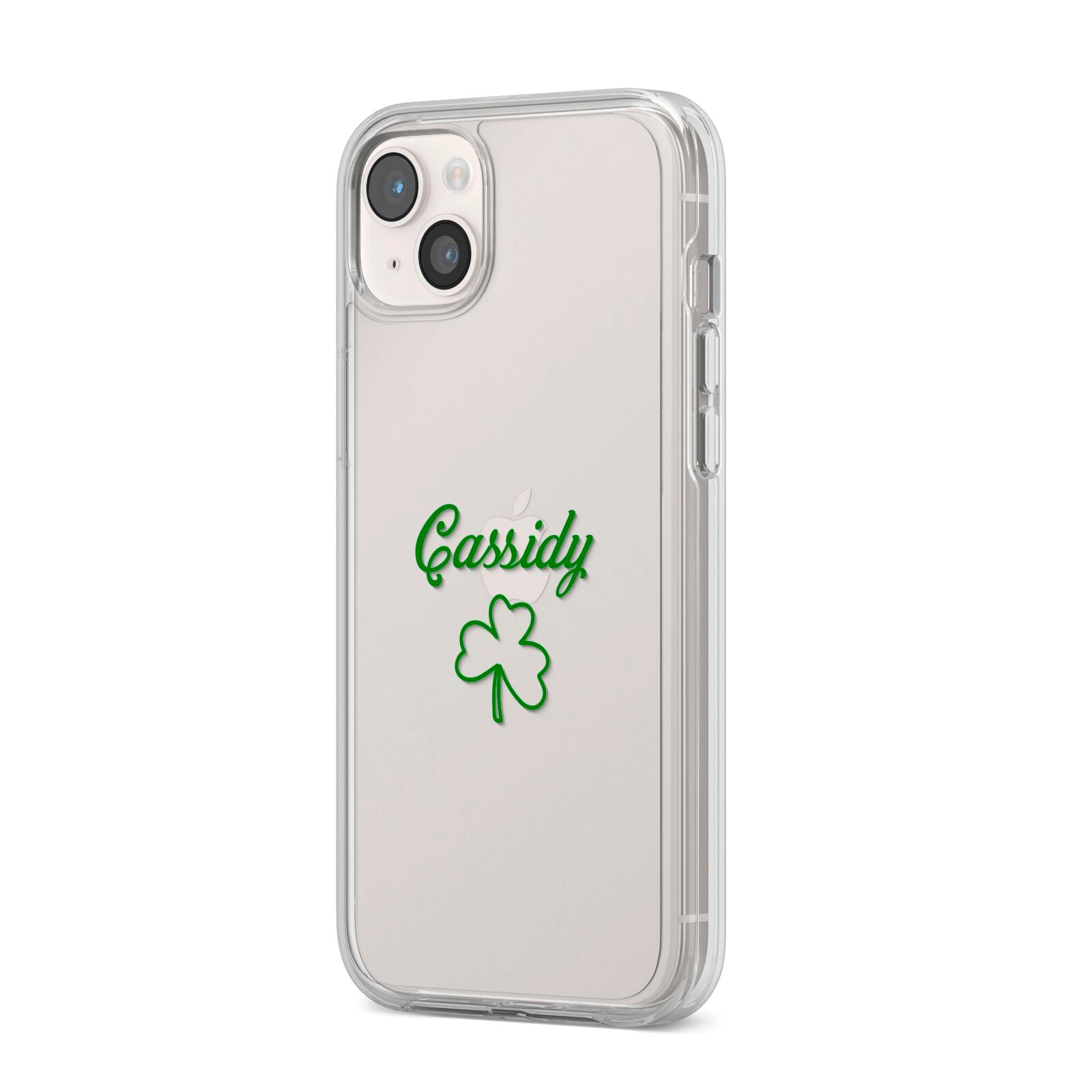 Personalised Name Shamrock iPhone 14 Plus Clear Tough Case Starlight Angled Image