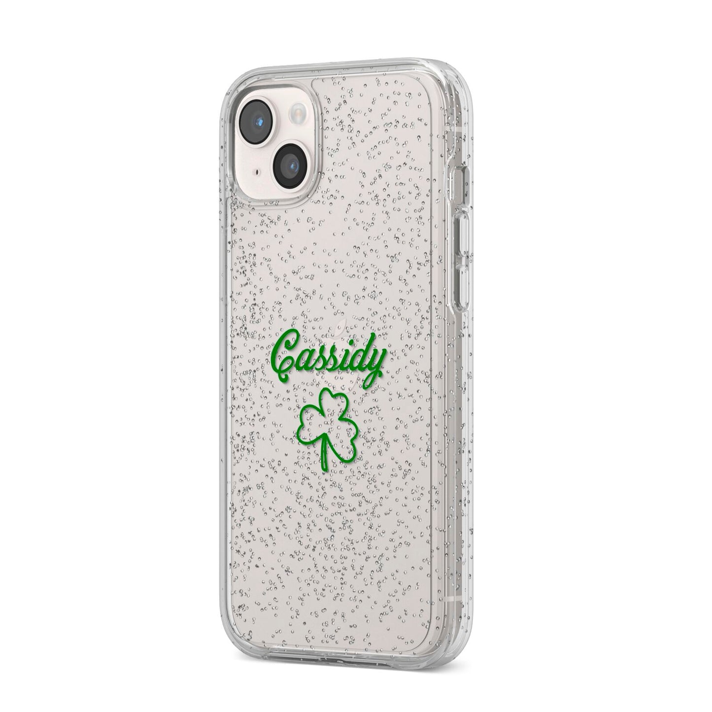 Personalised Name Shamrock iPhone 14 Plus Glitter Tough Case Starlight Angled Image