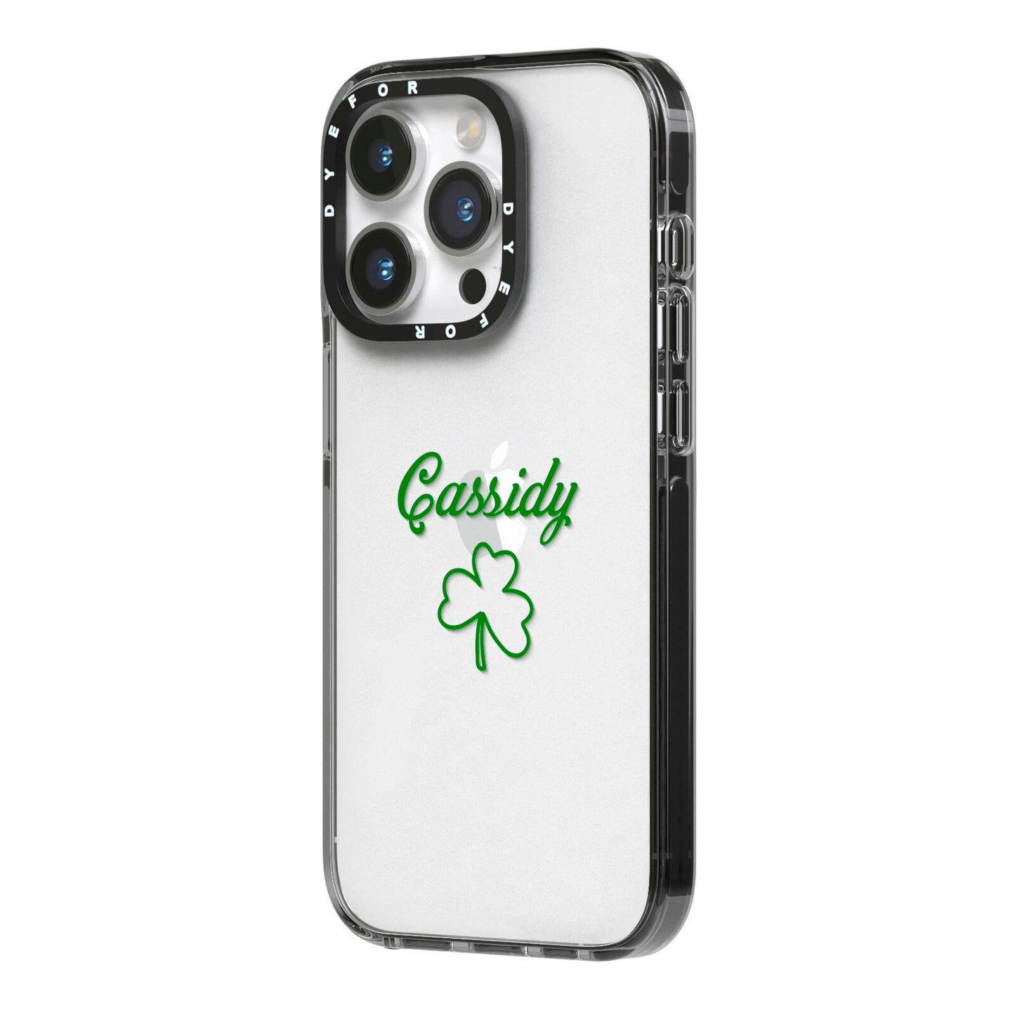 Personalised Name Shamrock iPhone 14 Pro Black Impact Case Side Angle on Silver phone