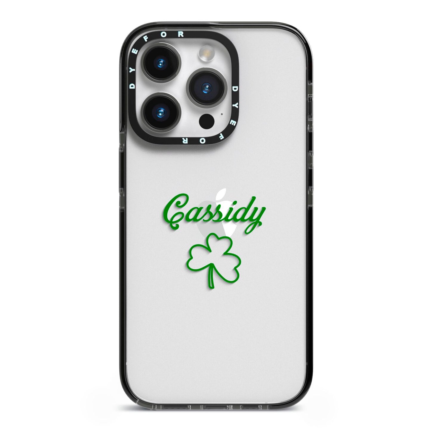 Personalised Name Shamrock iPhone 14 Pro Black Impact Case on Silver phone