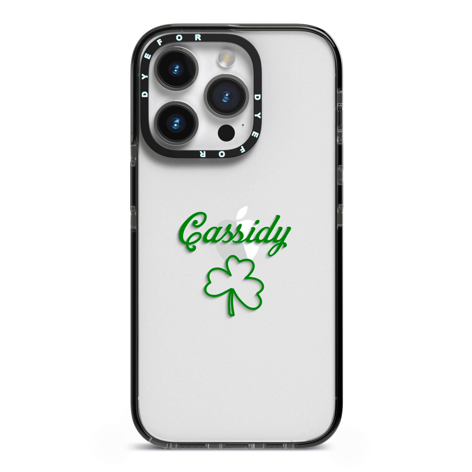 Personalised Name Shamrock iPhone 14 Pro Black Impact Case on Silver phone