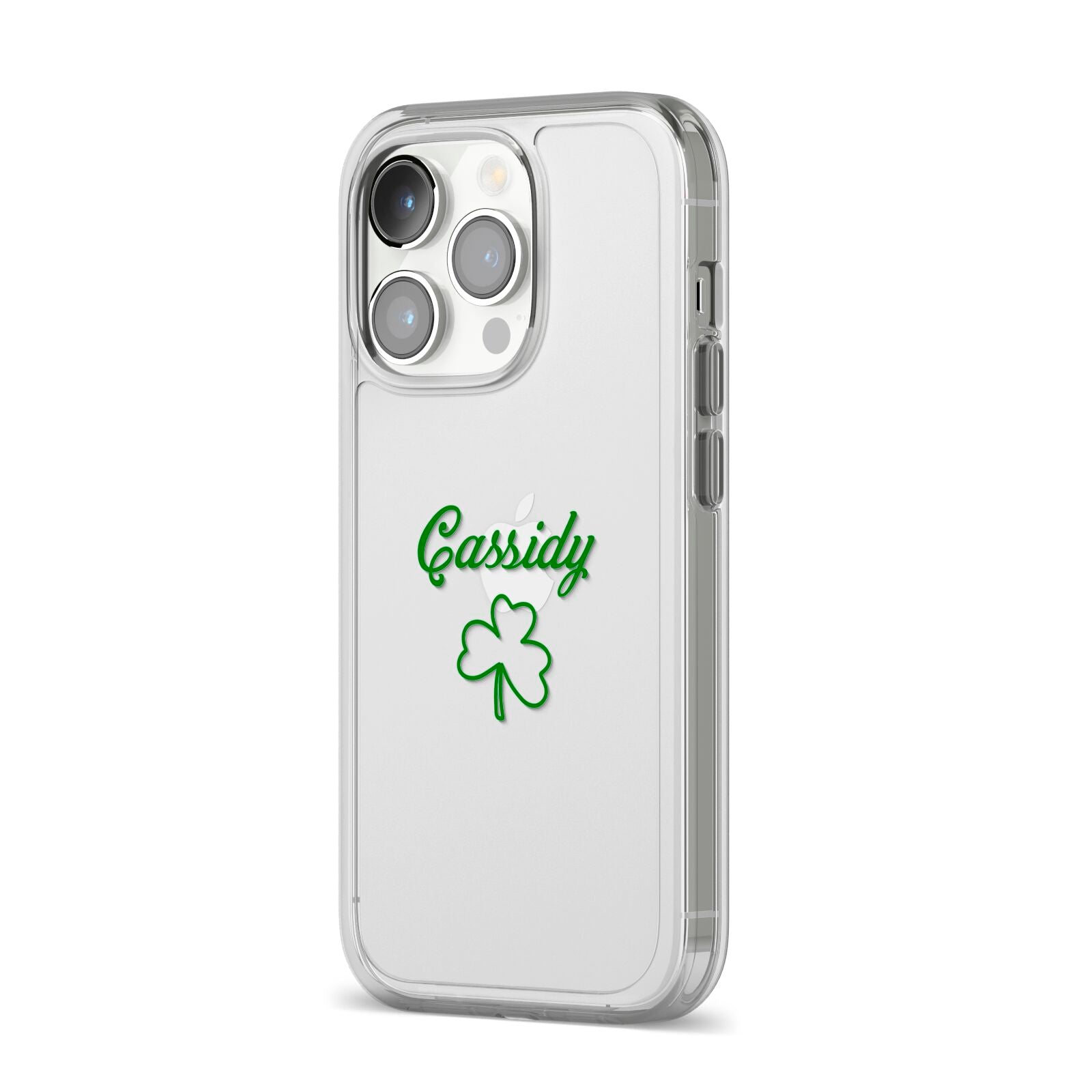 Personalised Name Shamrock iPhone 14 Pro Clear Tough Case Silver Angled Image